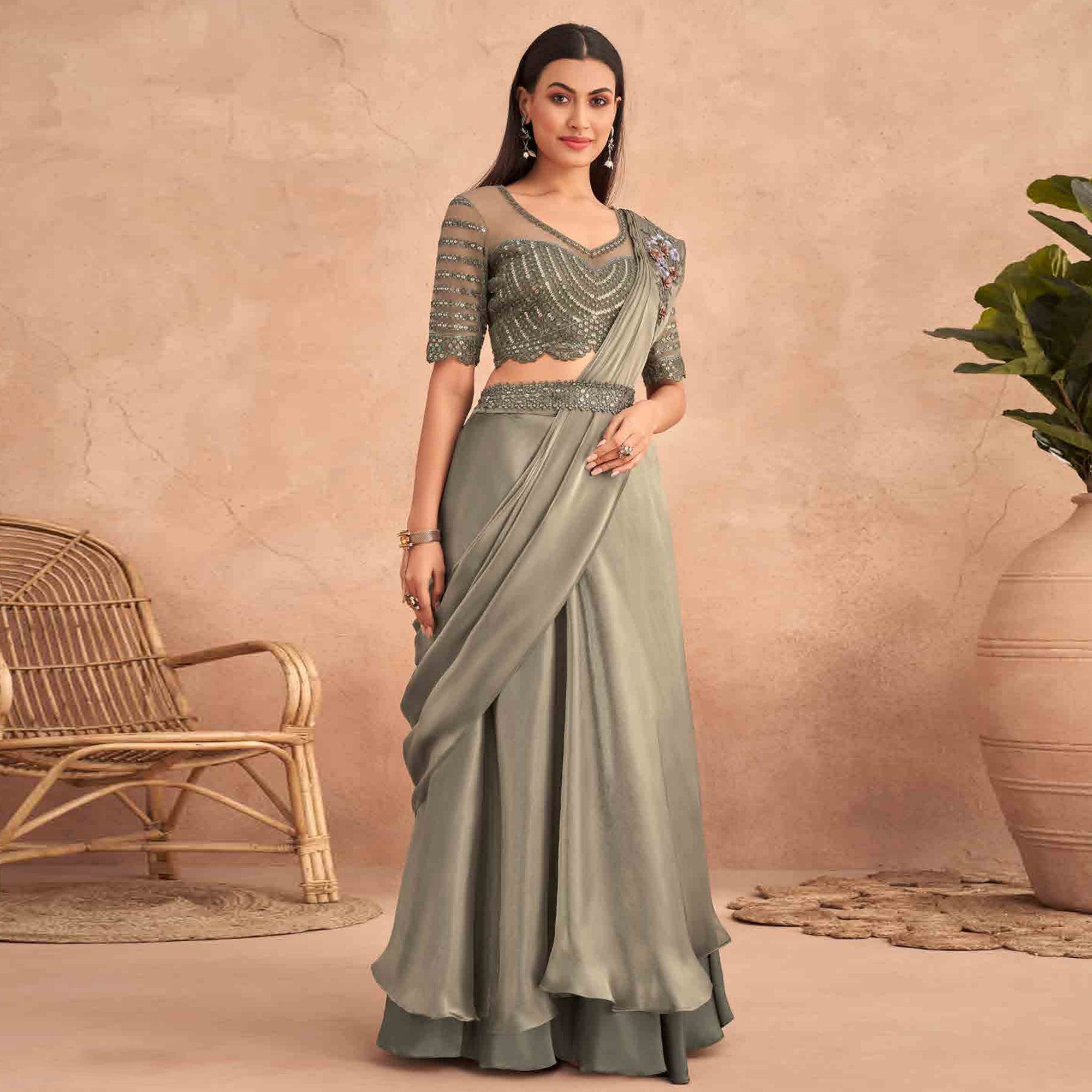 Grey Sequins Embroidered Ready to Wear Art Silk Saree