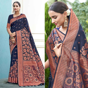 Navy Blue Floral Woven Art Silk Saree