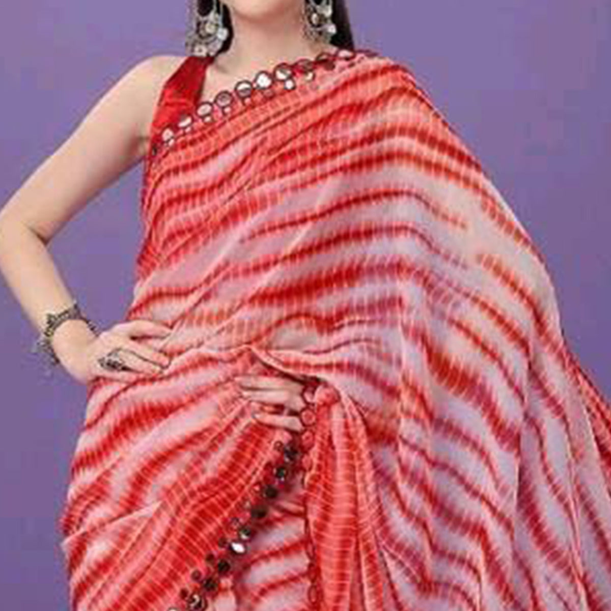 Red Printed With Fancy Mirror Georgette Saree