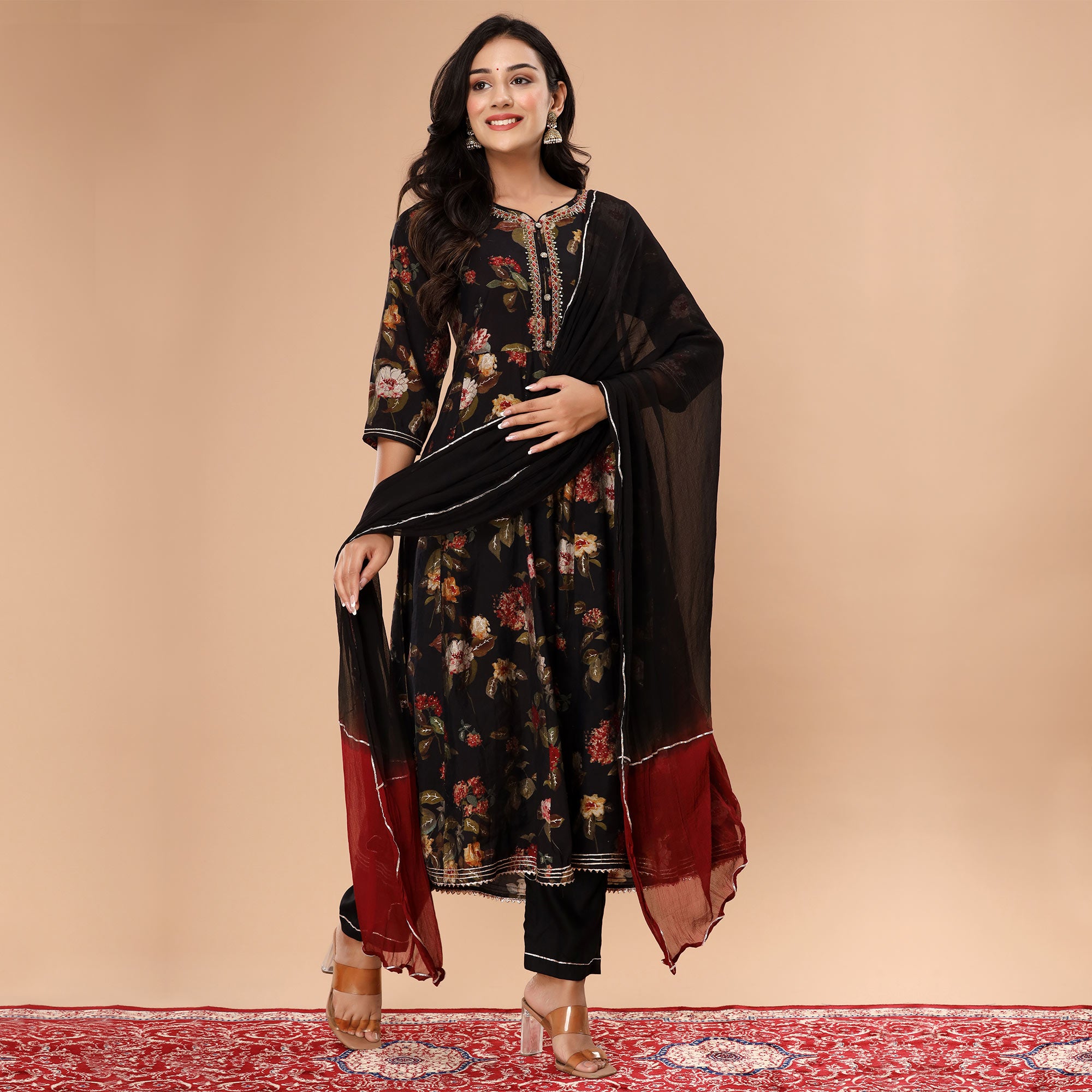 Black Floral Printed And Gota Work Muslin Anarkali Suit