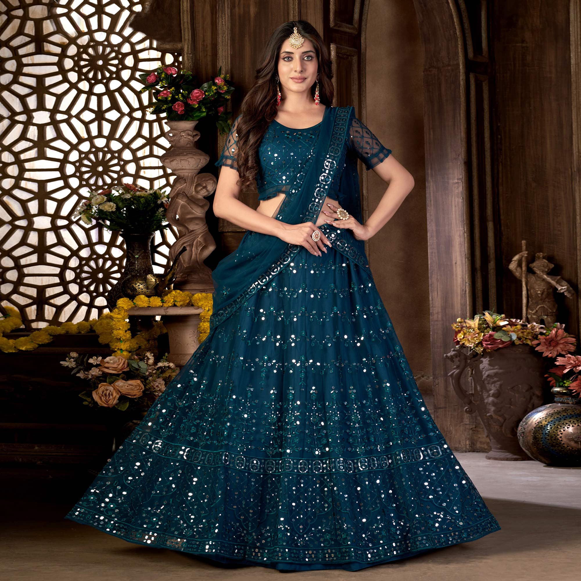 Teal Blue Sequins Embroidered Netted Lehenga Choli