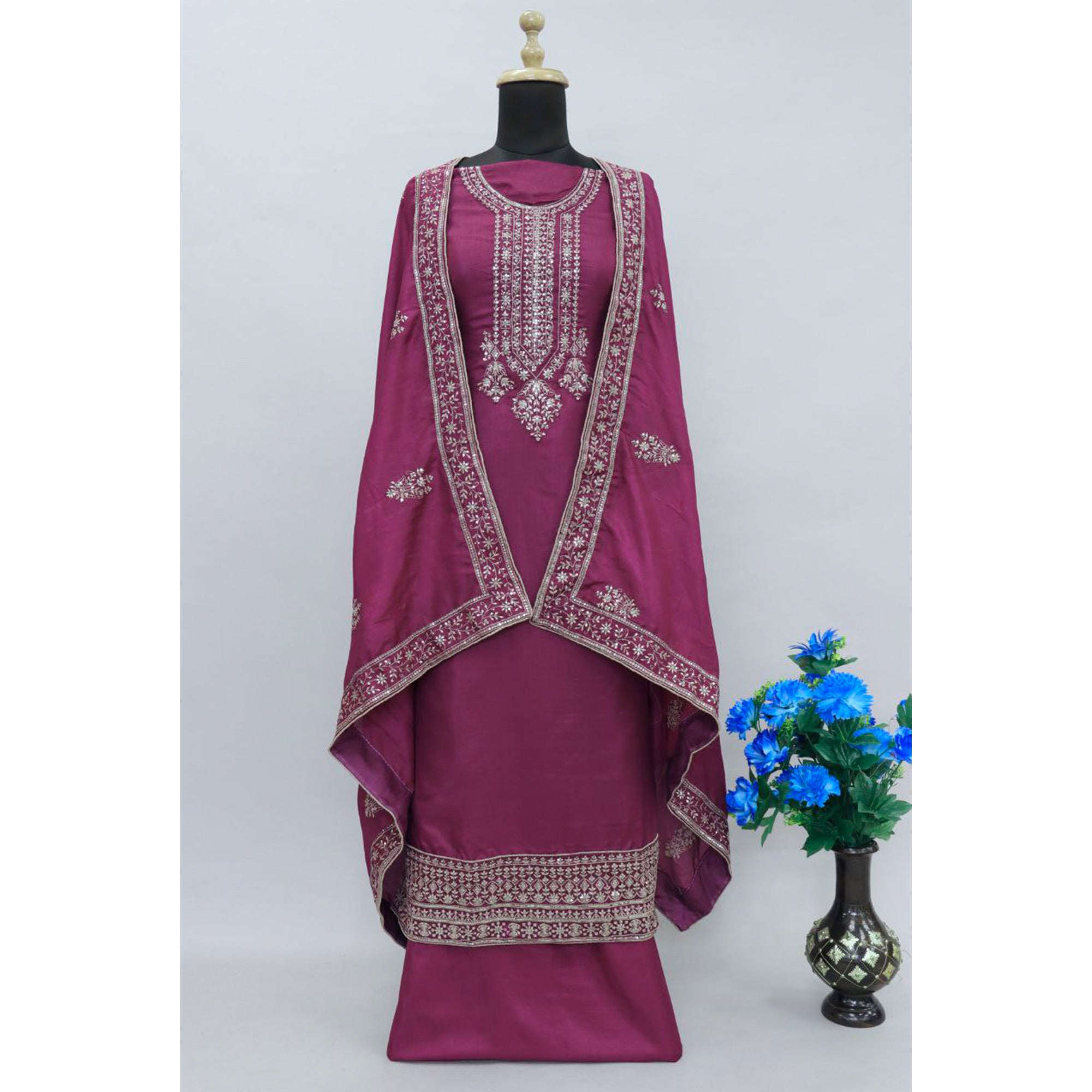 Purple Embroidered Dola Silk Salwar Suit