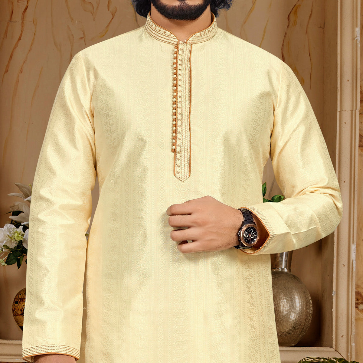 Light Yellow Woven Jacquard Kurta Pyjama Set