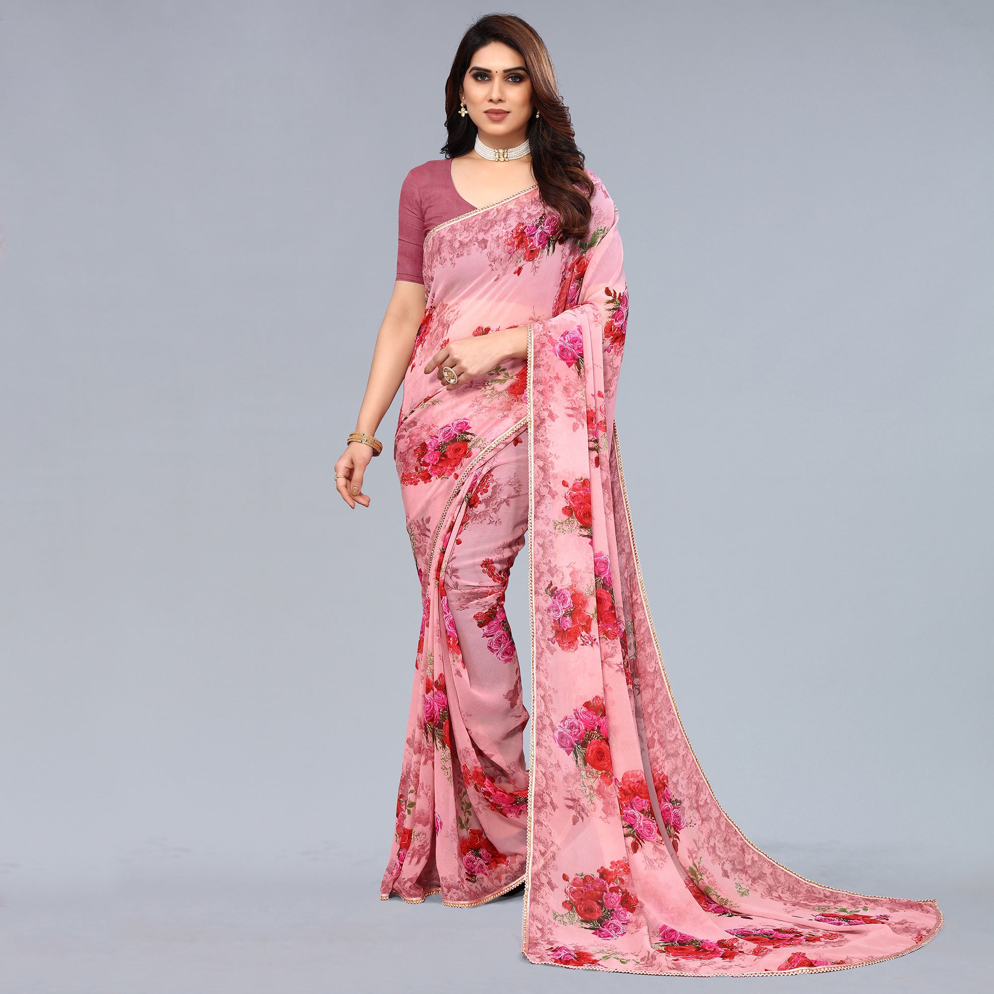 Pink Floral Printed Georgette Saree