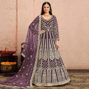 Mauve Floral Embroidered Net Gown