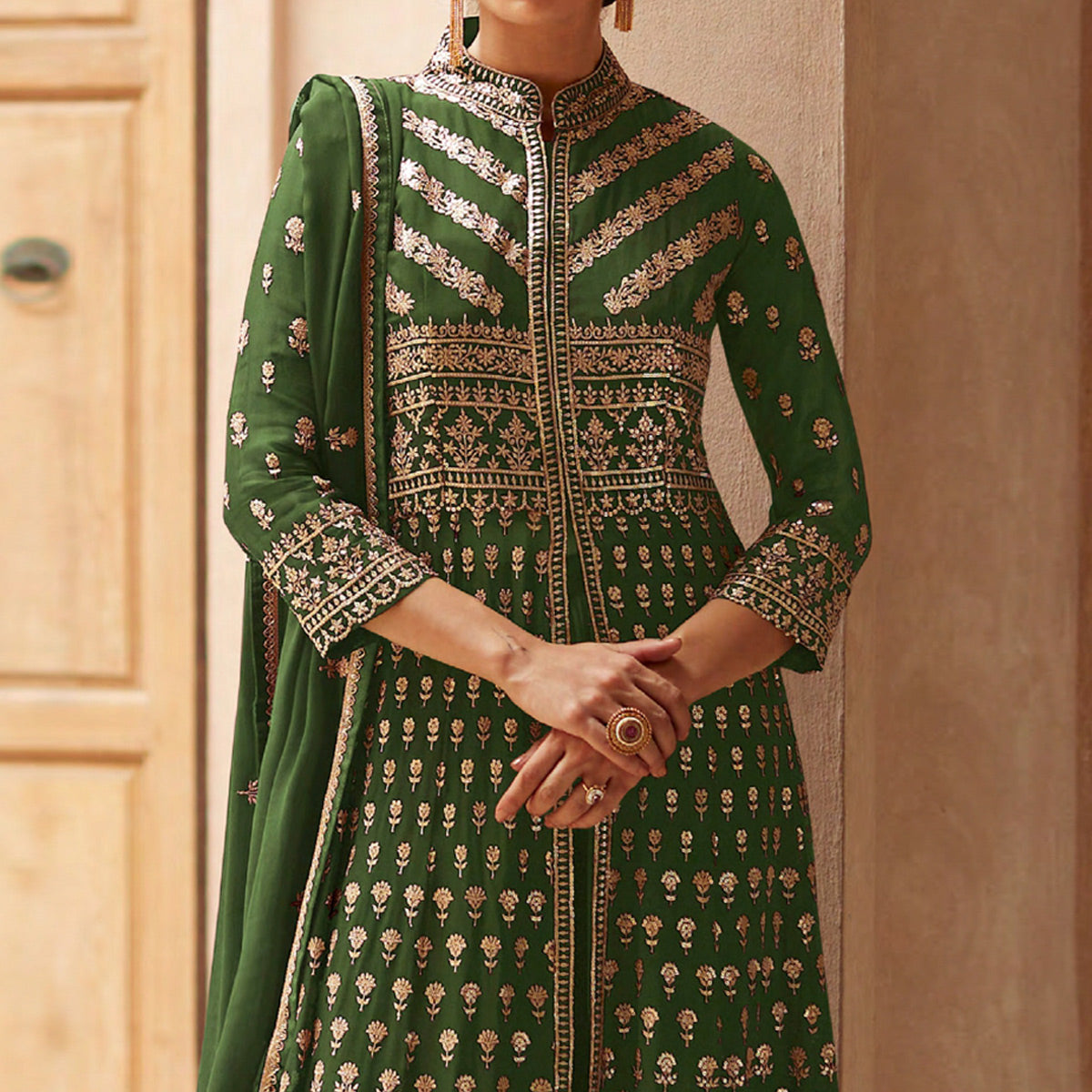 Green Sequins Embroidered Georgette Palazzo Suit