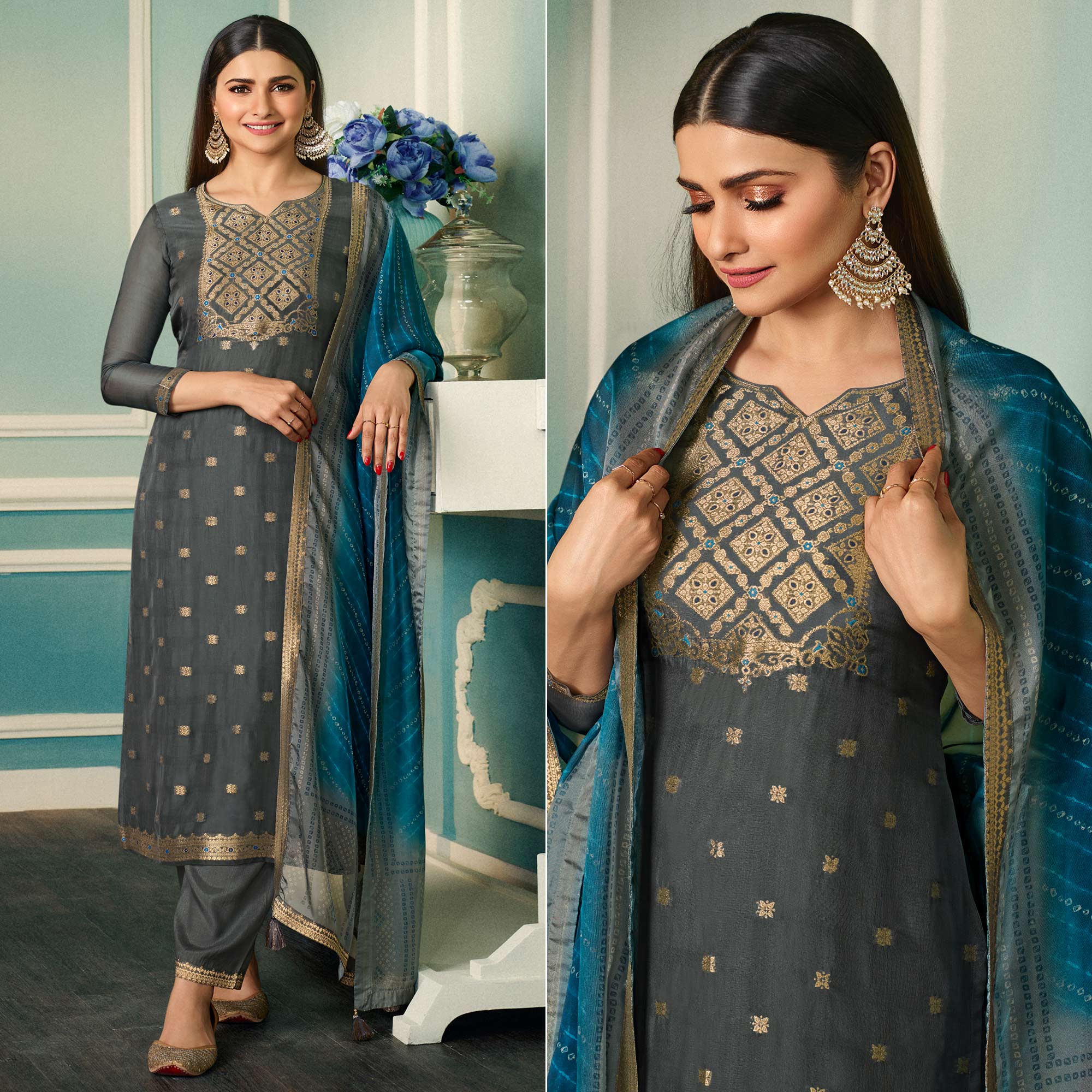 Grey Floral Woven Organza Salwar Suit