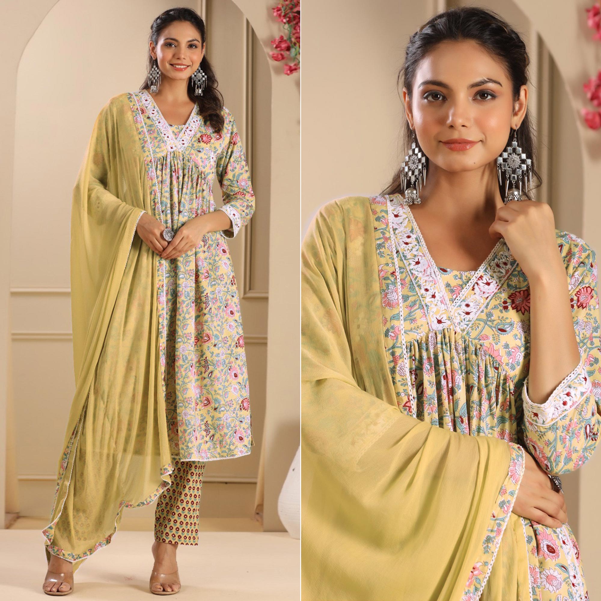 Mustard Floral Printed Pure Cotton Naira Cut Suit