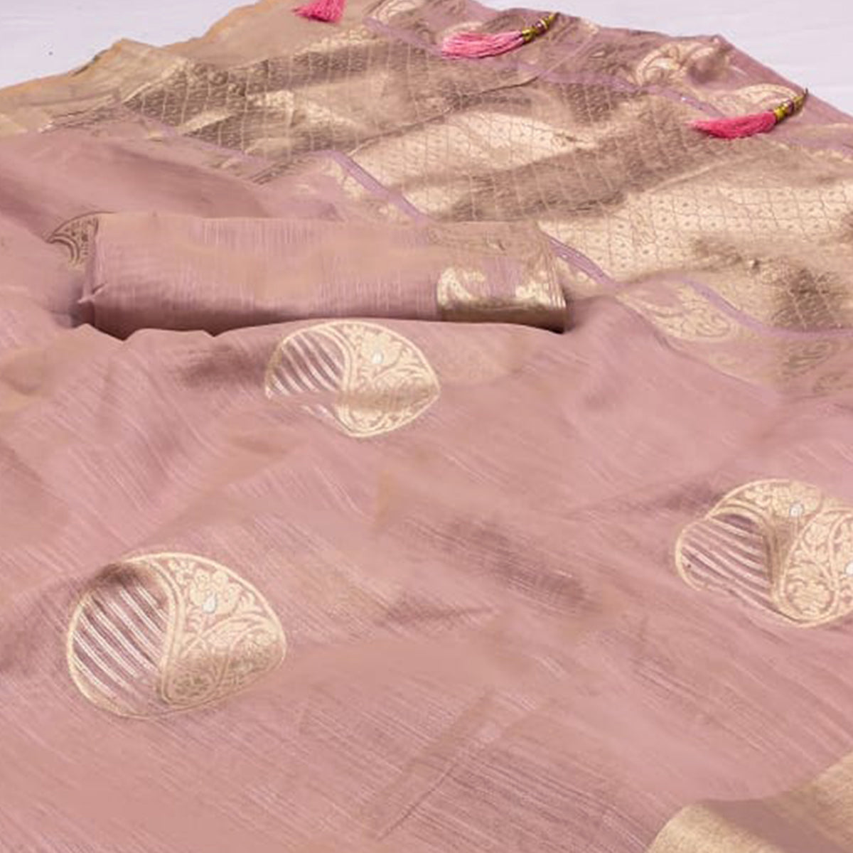 Mauve Woven Art Silk Saree With Tassels