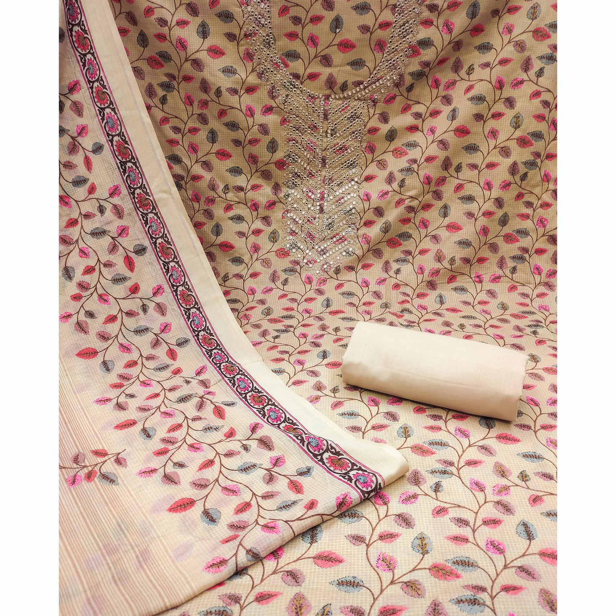 Chikoo Floral Printed-Mirror Work Pure Cotton Dress Material