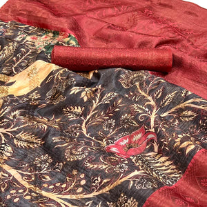 Black Digital Printed Cotton Silk Saree