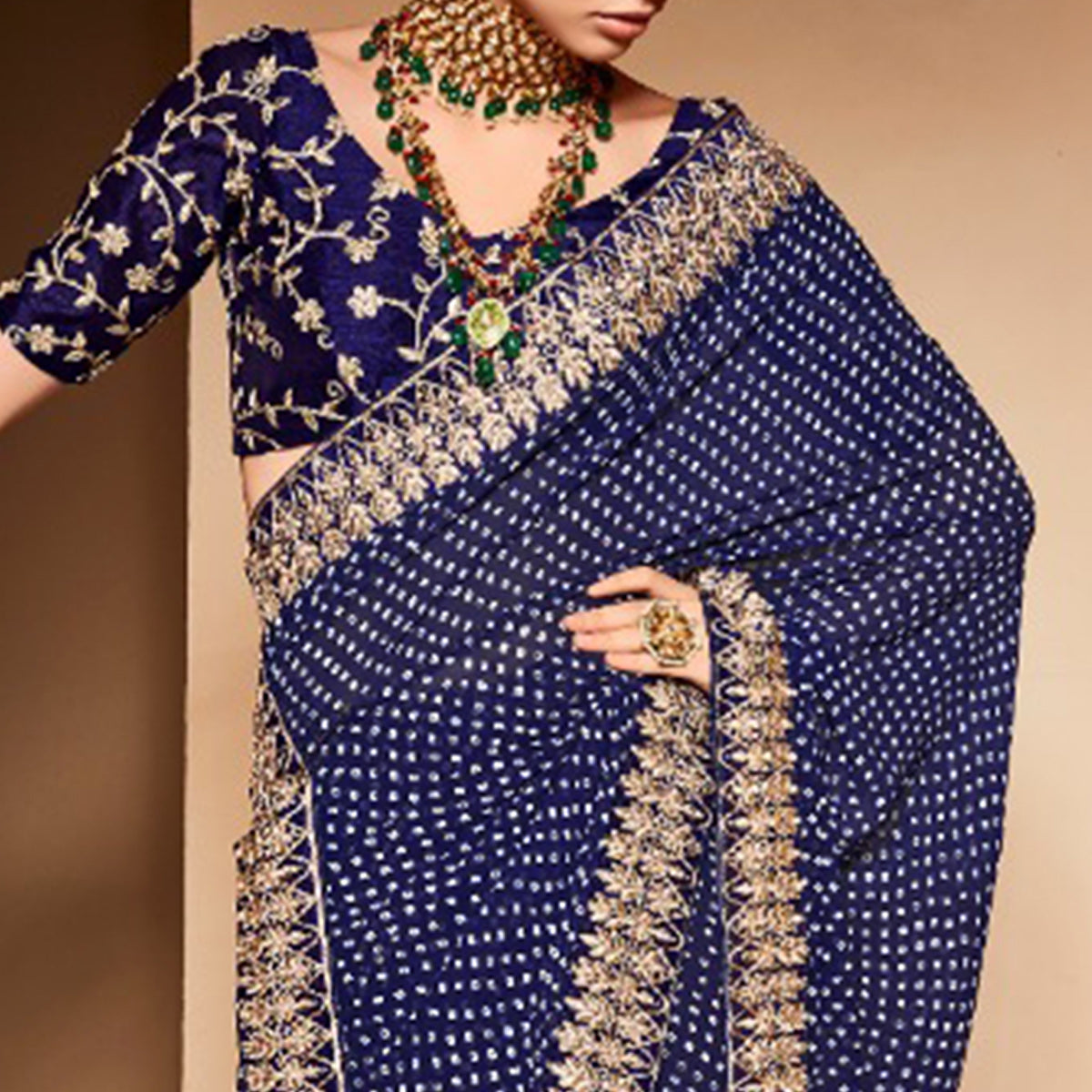 Navy Blue Bandhani Printed With Embroidered Border Georgette Saree