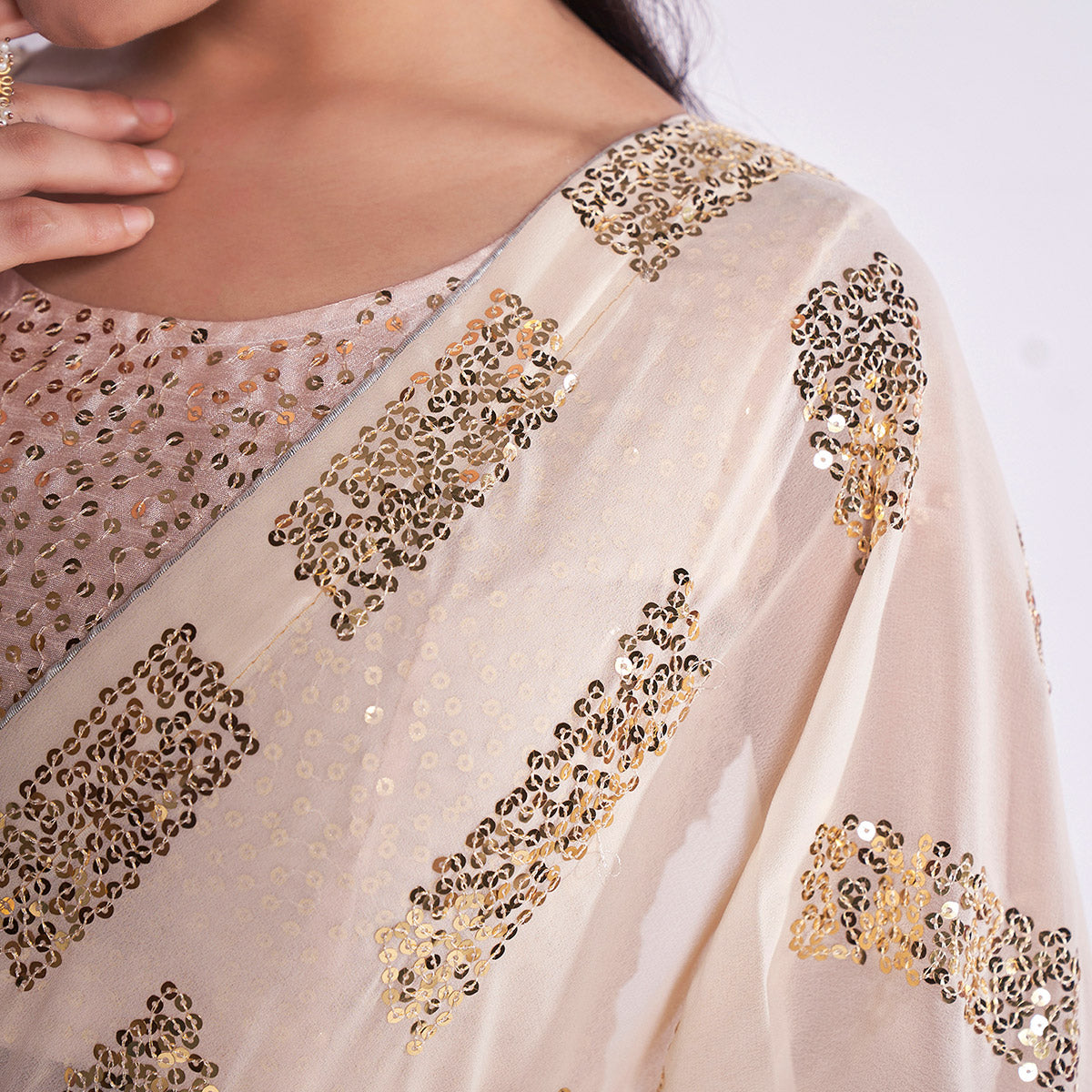 Cream Sequins Embroidered Georgette Saree