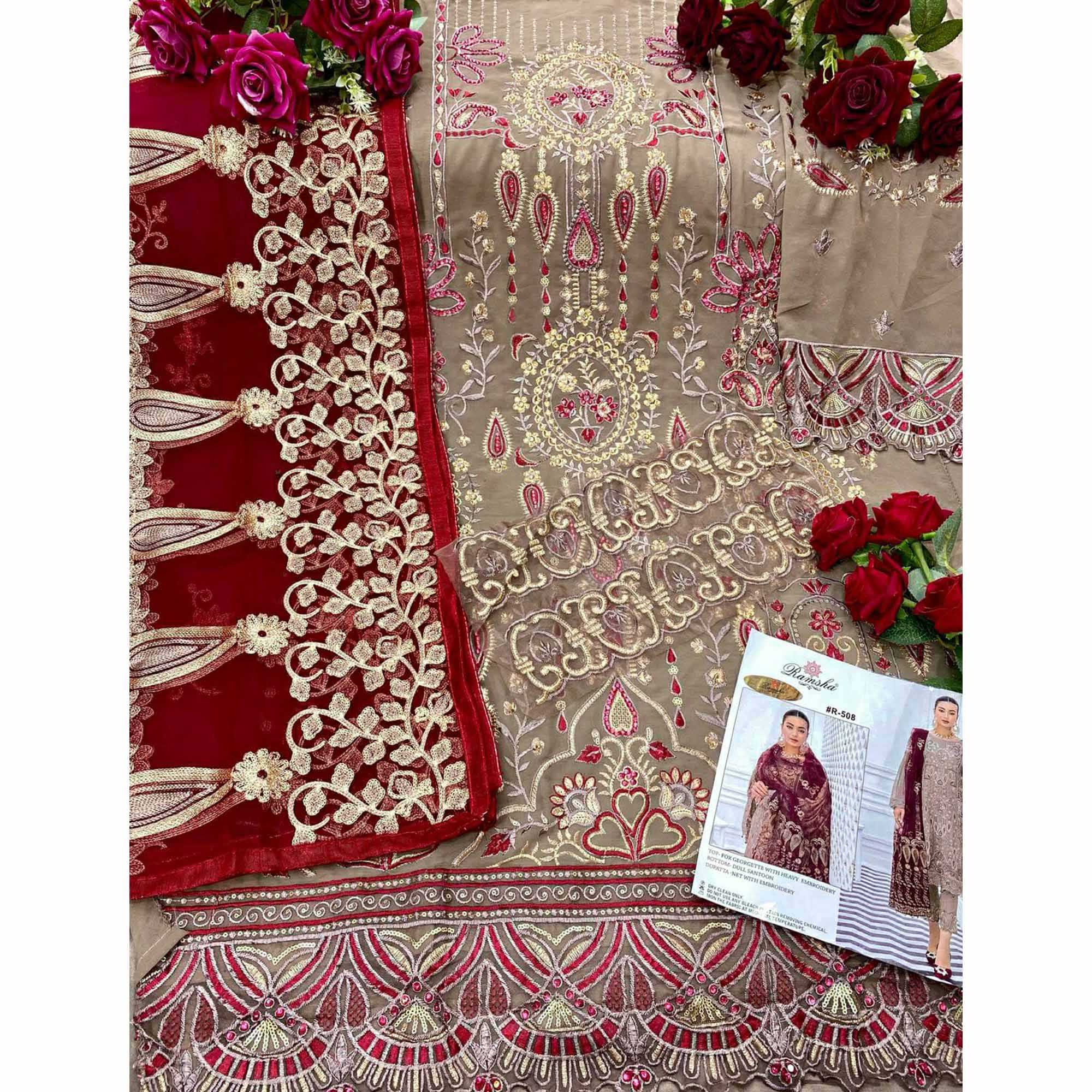 Brown Floral Embroidered Georgette Pakistani Suit