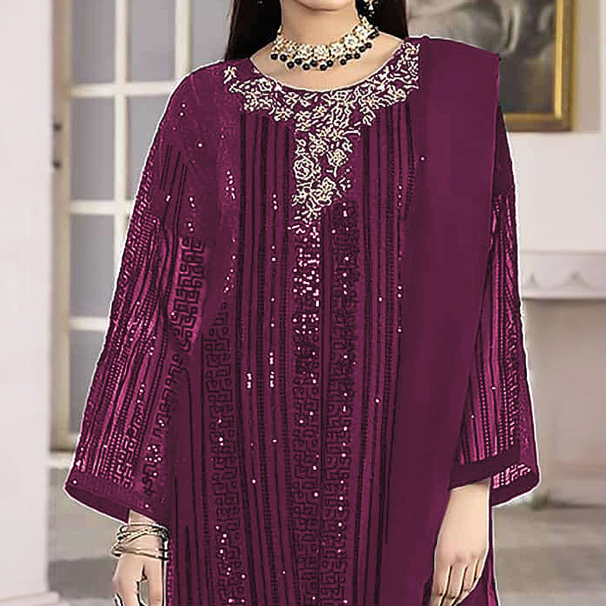 Wine Sequins Embroidered Georgette Pakistani Suit