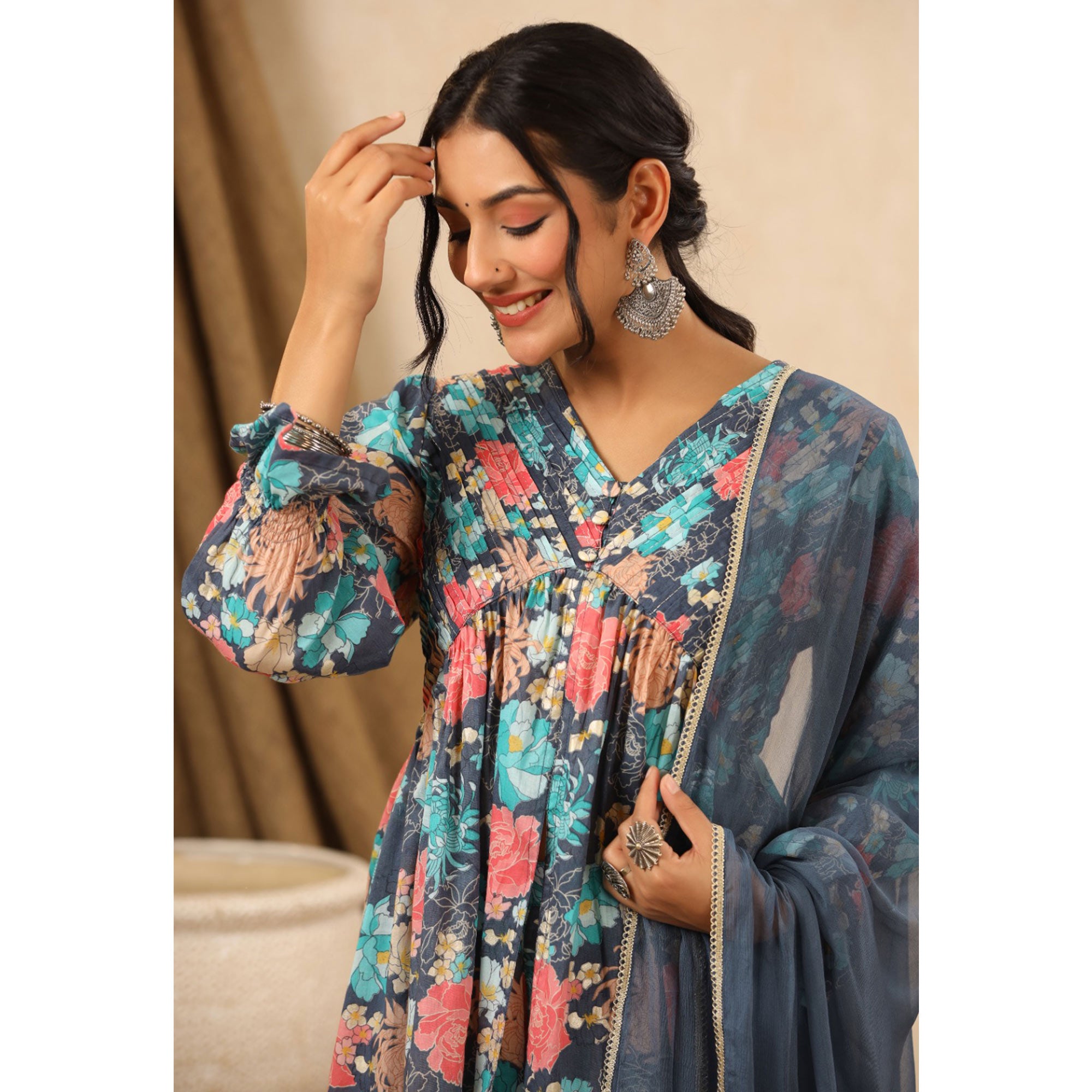 Grey Floral Printed Muslin Sharara Suit