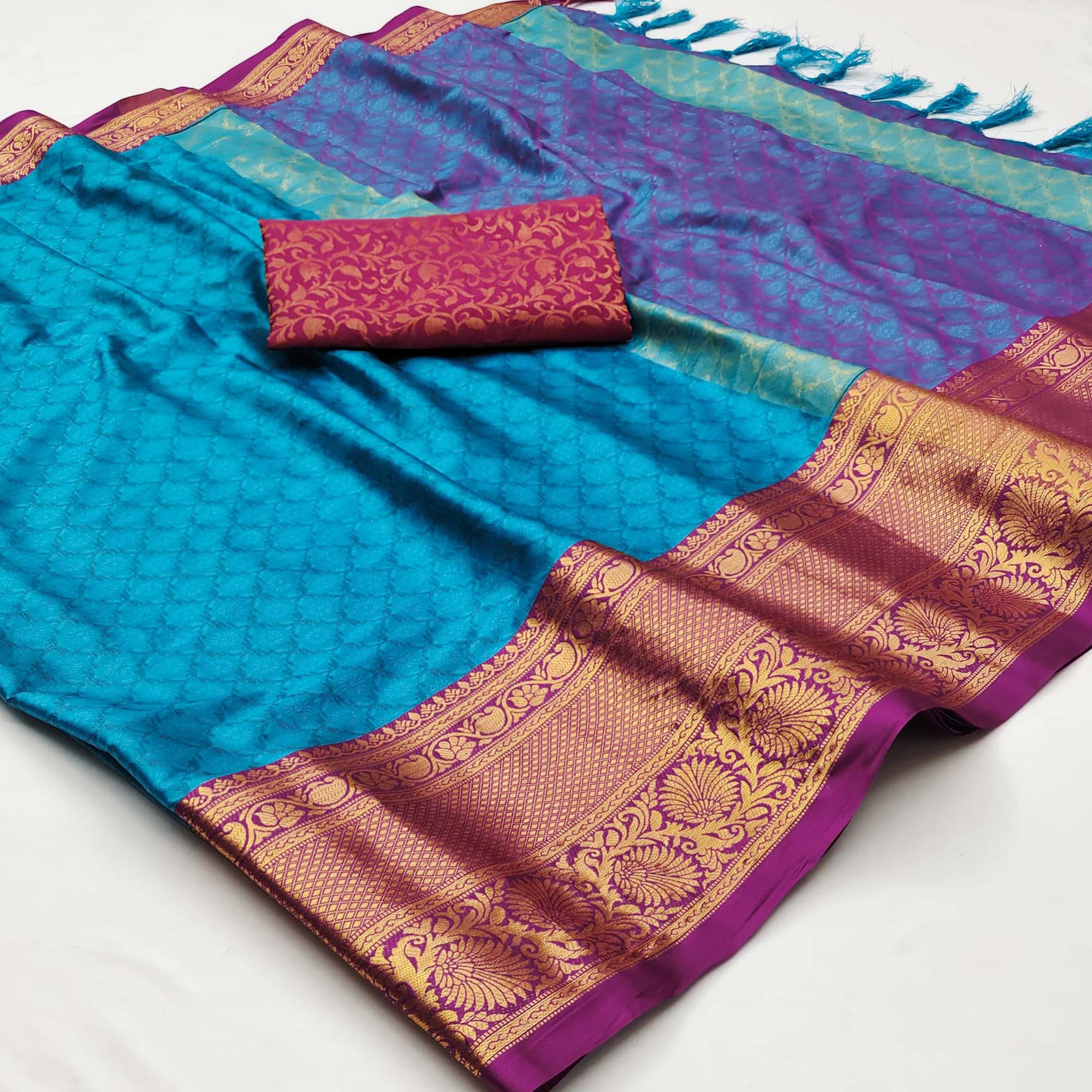 Sky Blue Printed And Woven Cotton Silk Saree With Tassels