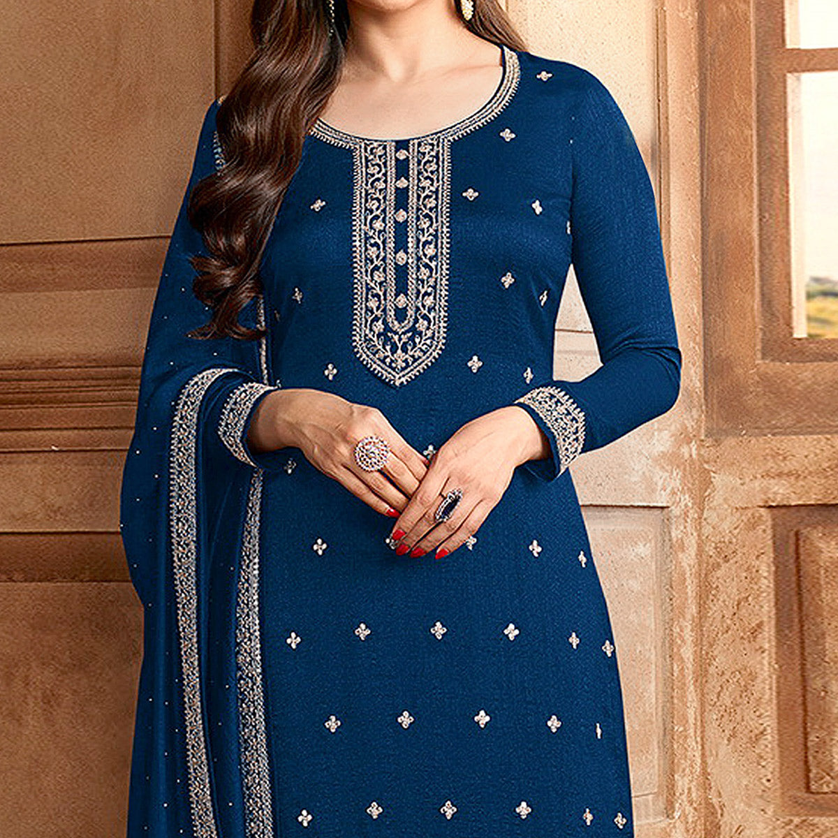 Blue Floral Embroidered Georgette Semi Stitched Palazzo Suit