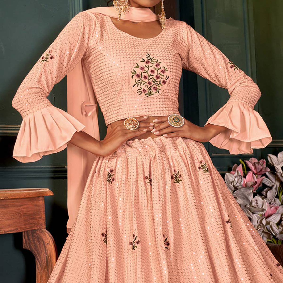 Peach Sequins Embroidered Georgette Lehenga Choli