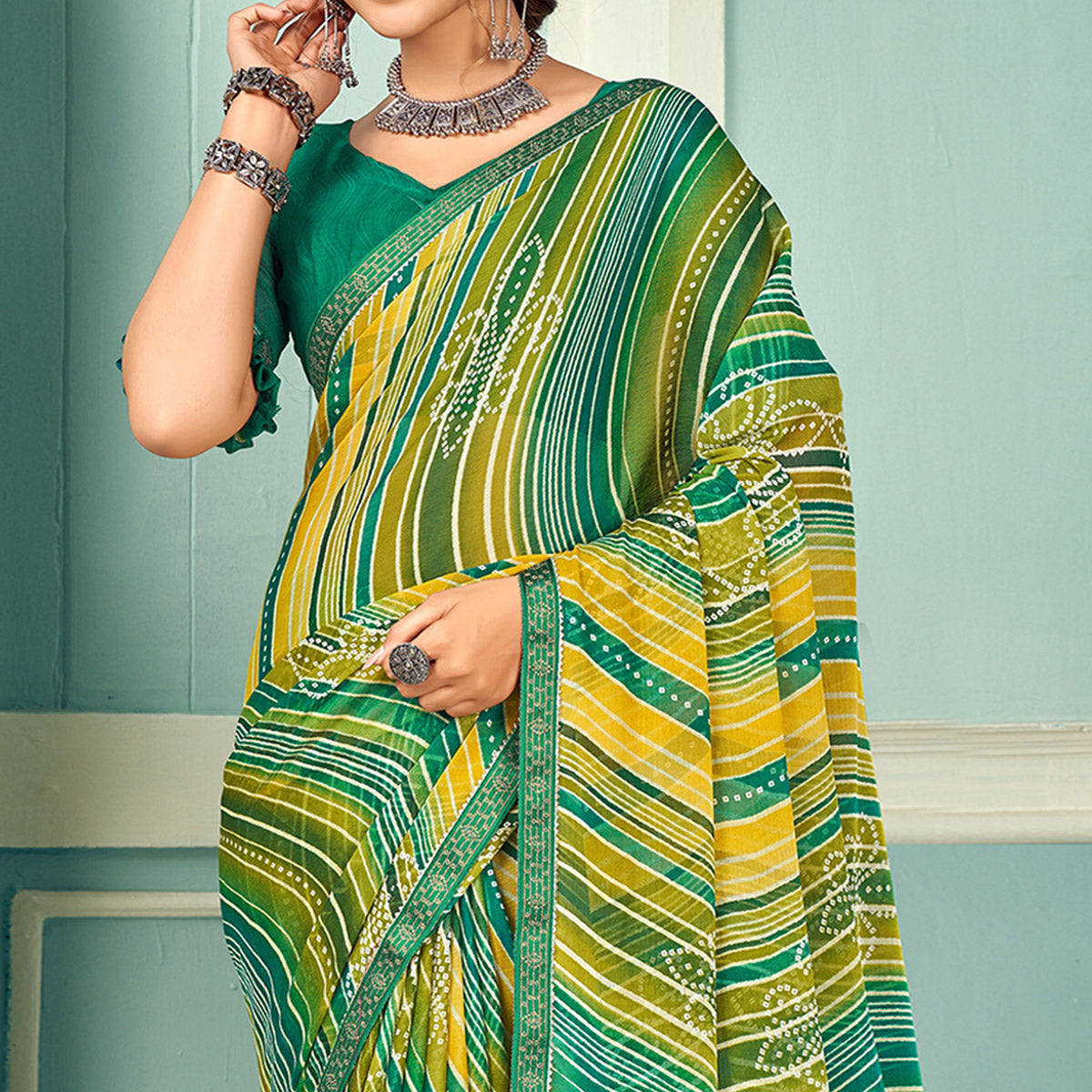 Green Yellow Digital Bandhani Printed Chiffon Saree With Tassels