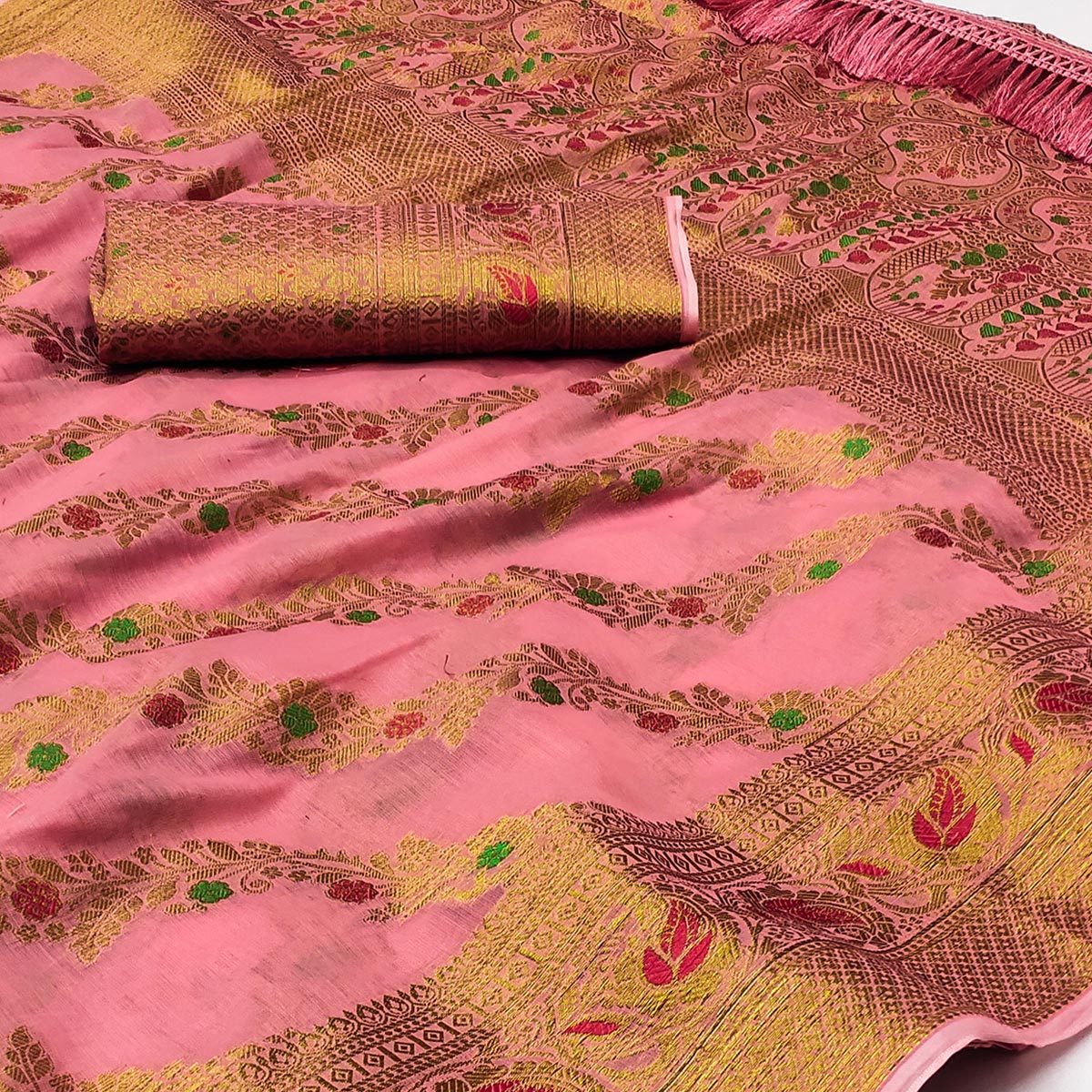 Pink Woven Cotton Blend Saree With Tassels