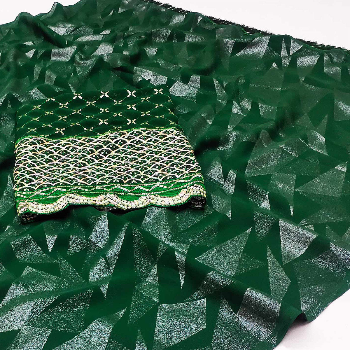 Green Foil Printed Georgette Saree
