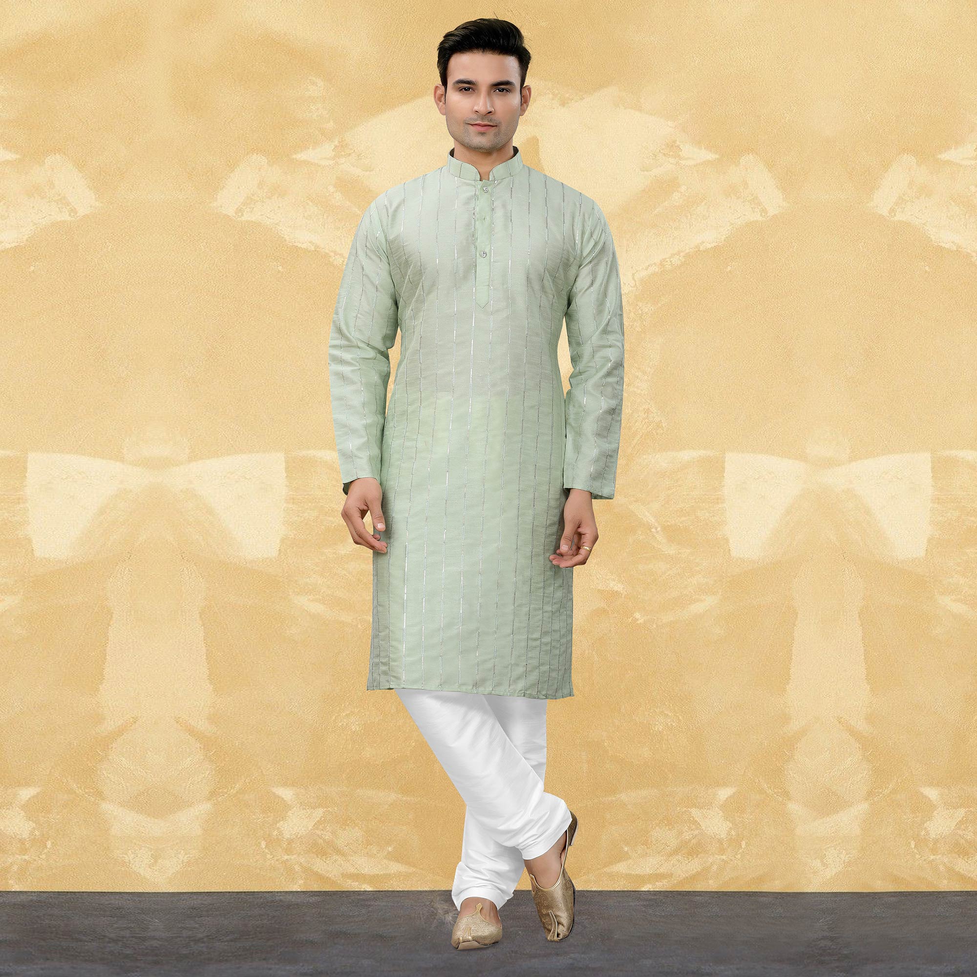 Pista Green Sequins Embroidered Art Silk Kurta Pyjama Set