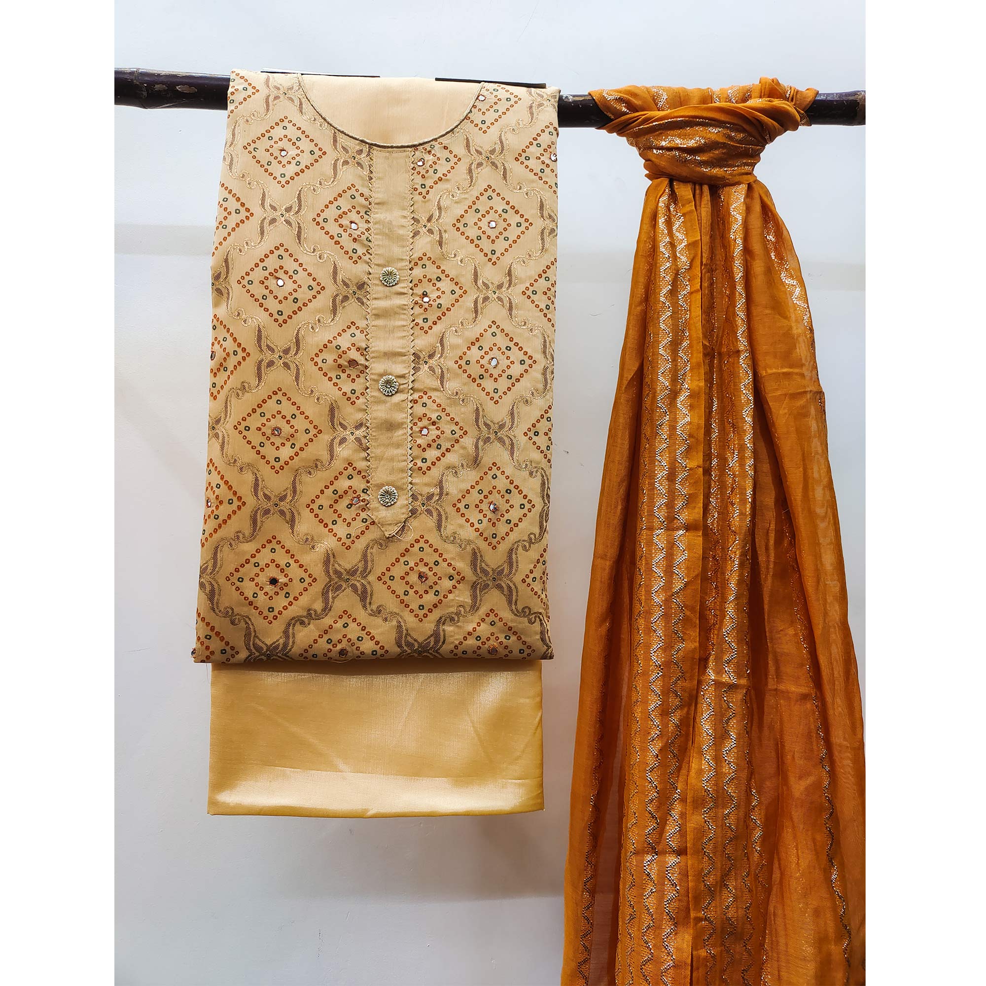 Beige Embroidered Chanderi Dress Material