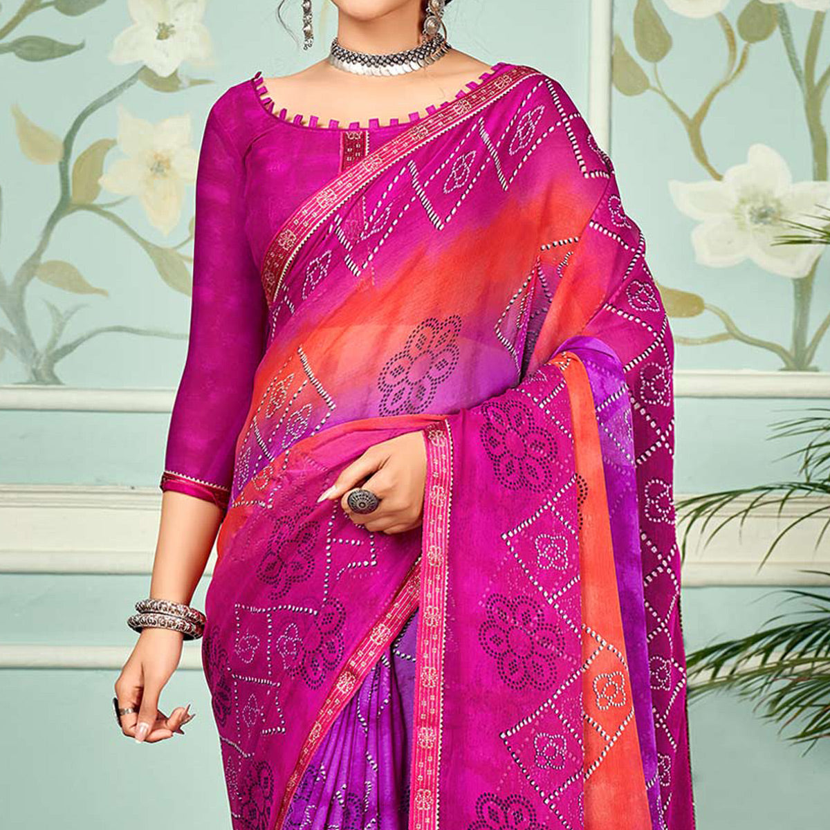 Rose Pink Digital Bandhani Printed Chiffon Saree With Tassels