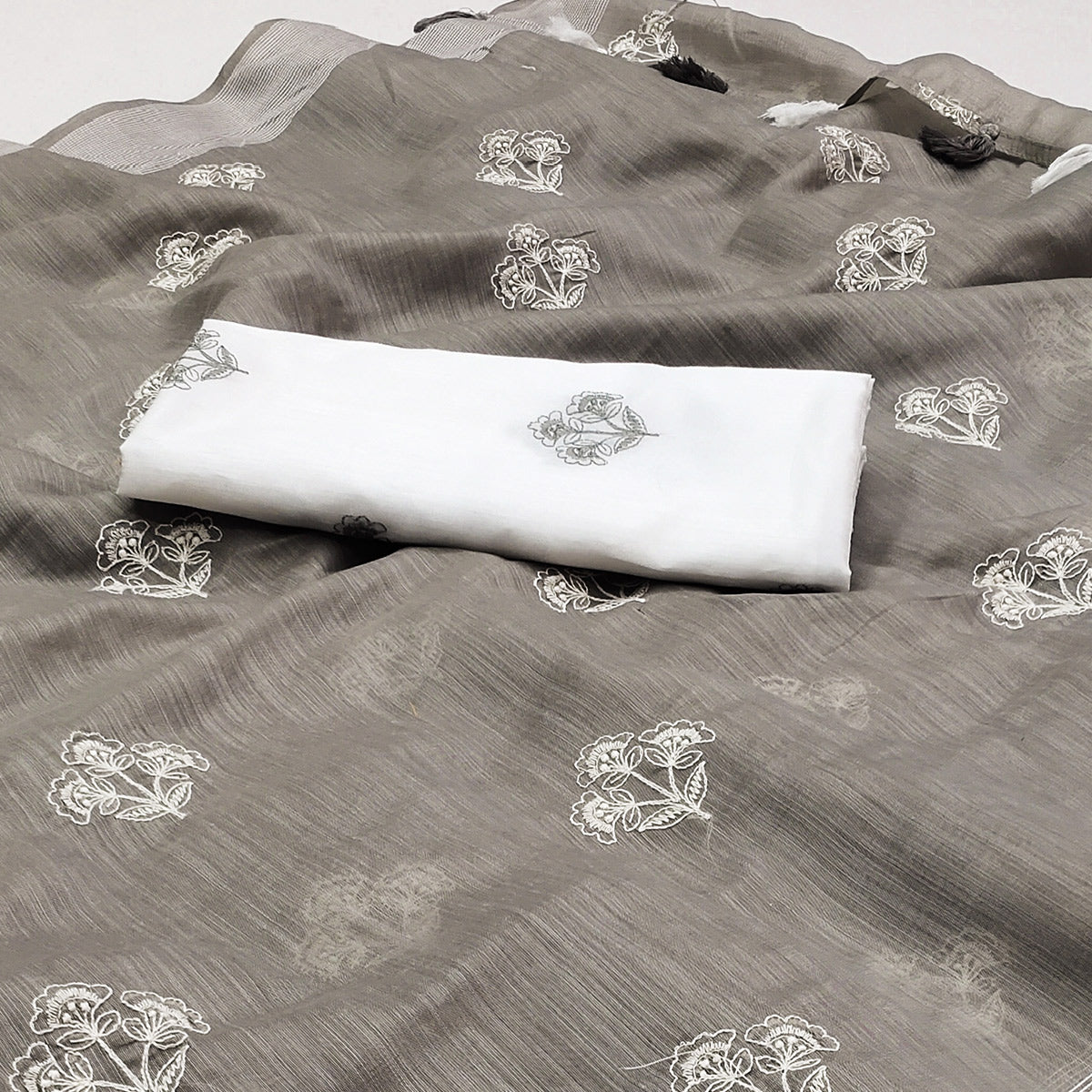 Grey Floral Embroidered Raw Silk Saree