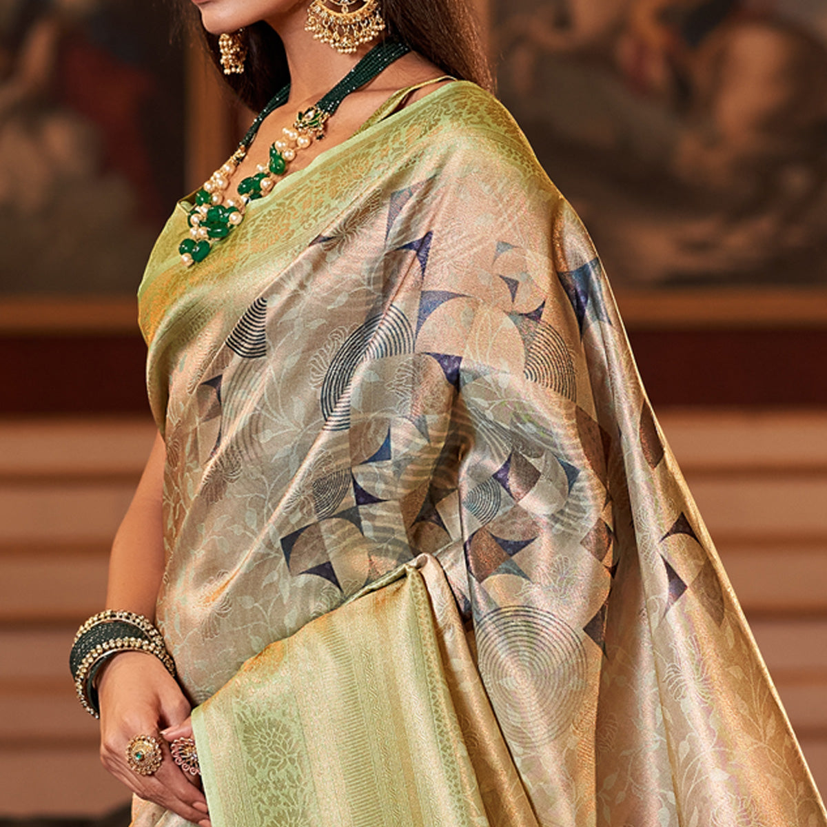 Beige & Pista Green Woven Jacquard Saree With Tassels