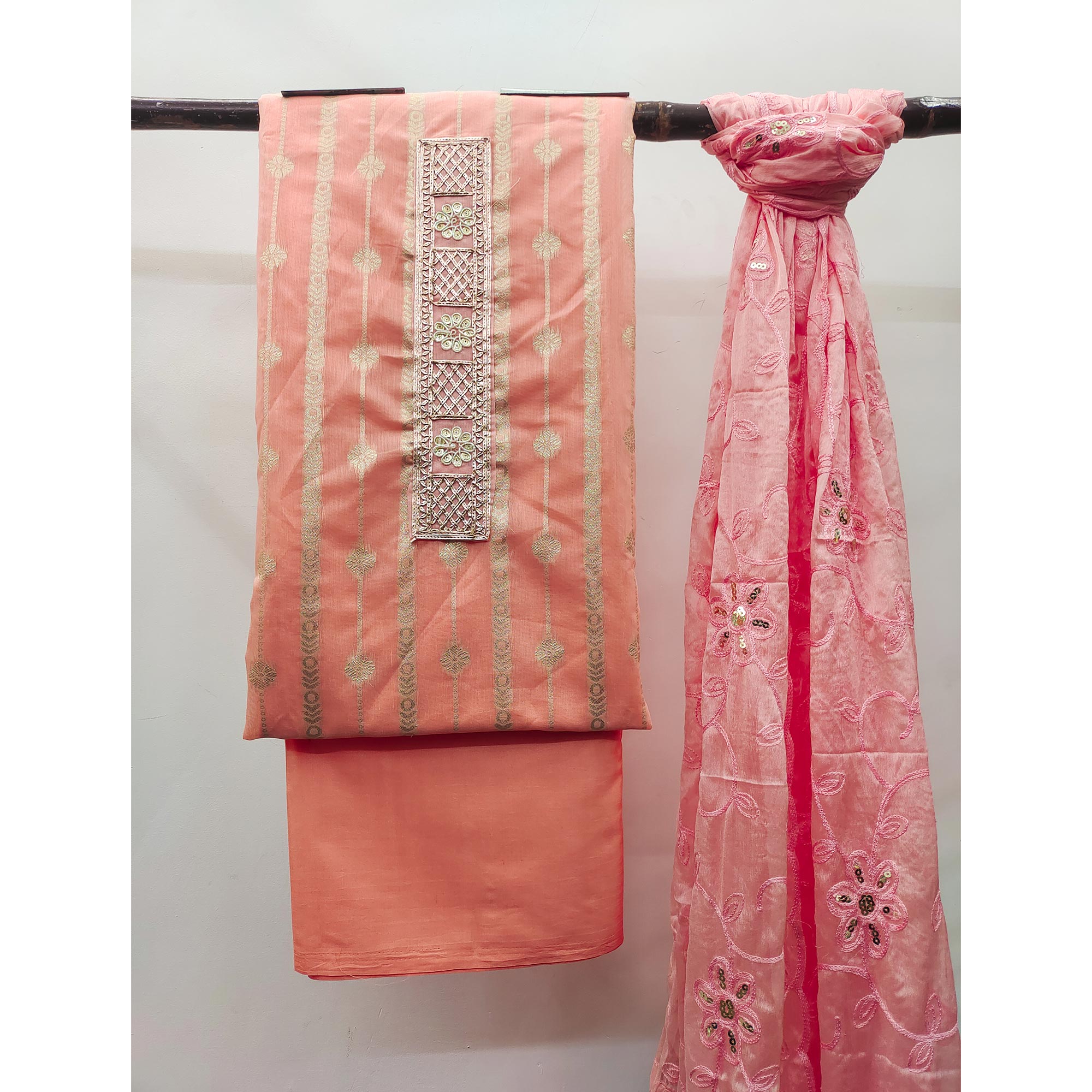 Peach Woven Banarasi Silk Dress Material