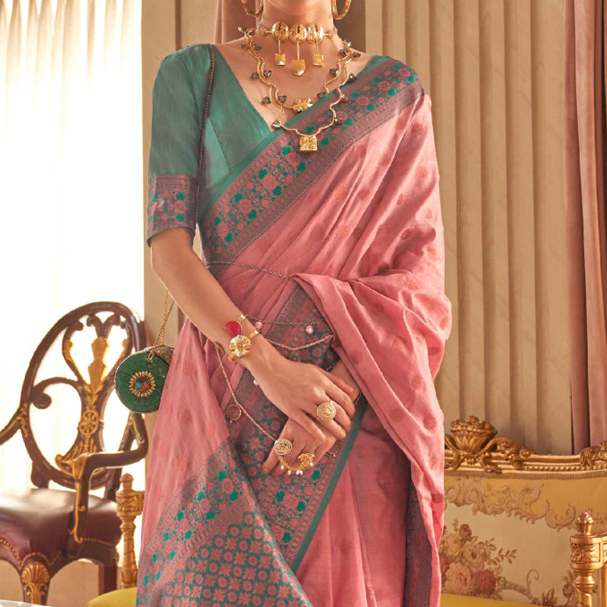 Pink Woven Art Silk Saree With Tassels