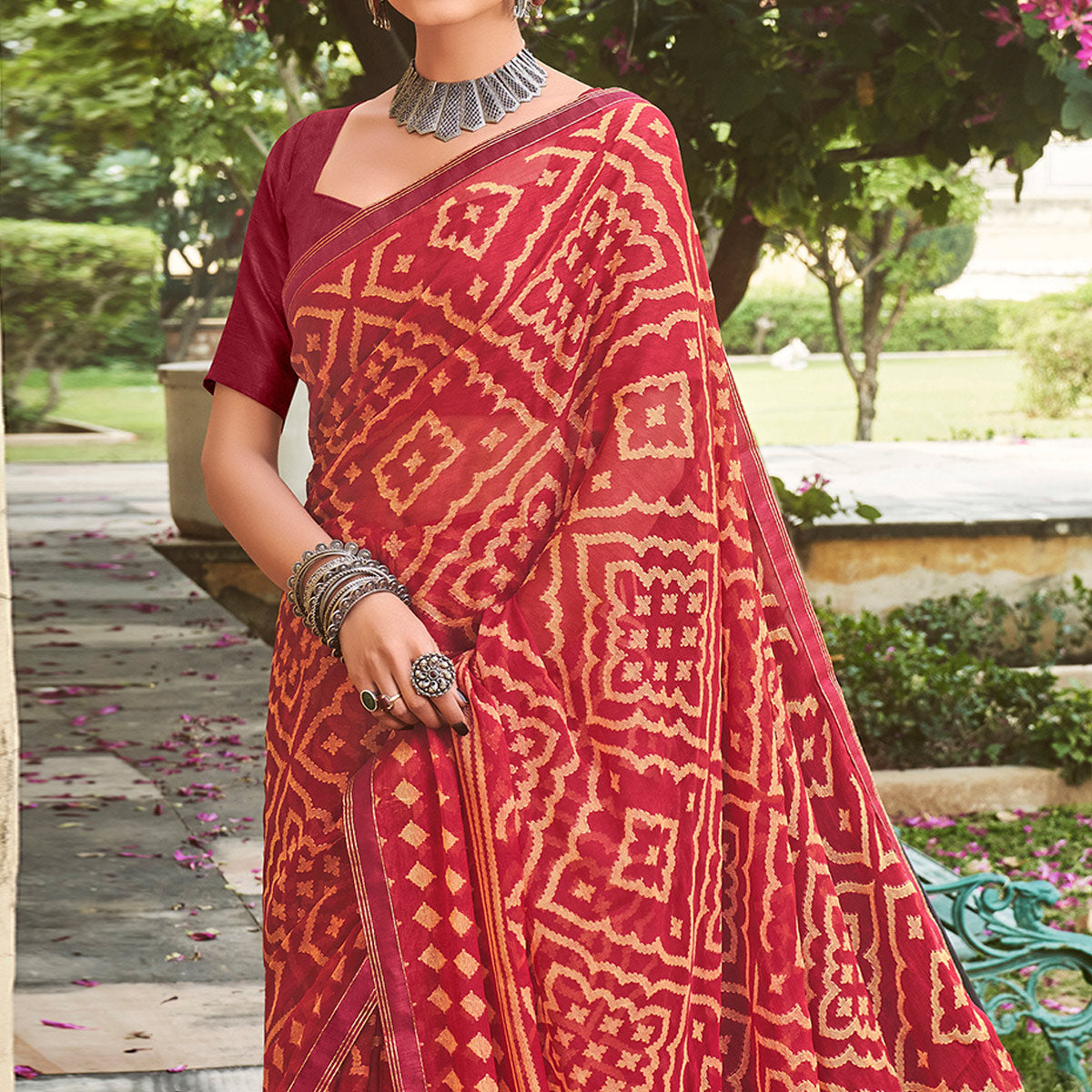 Maroon Printed Chiffon Saree