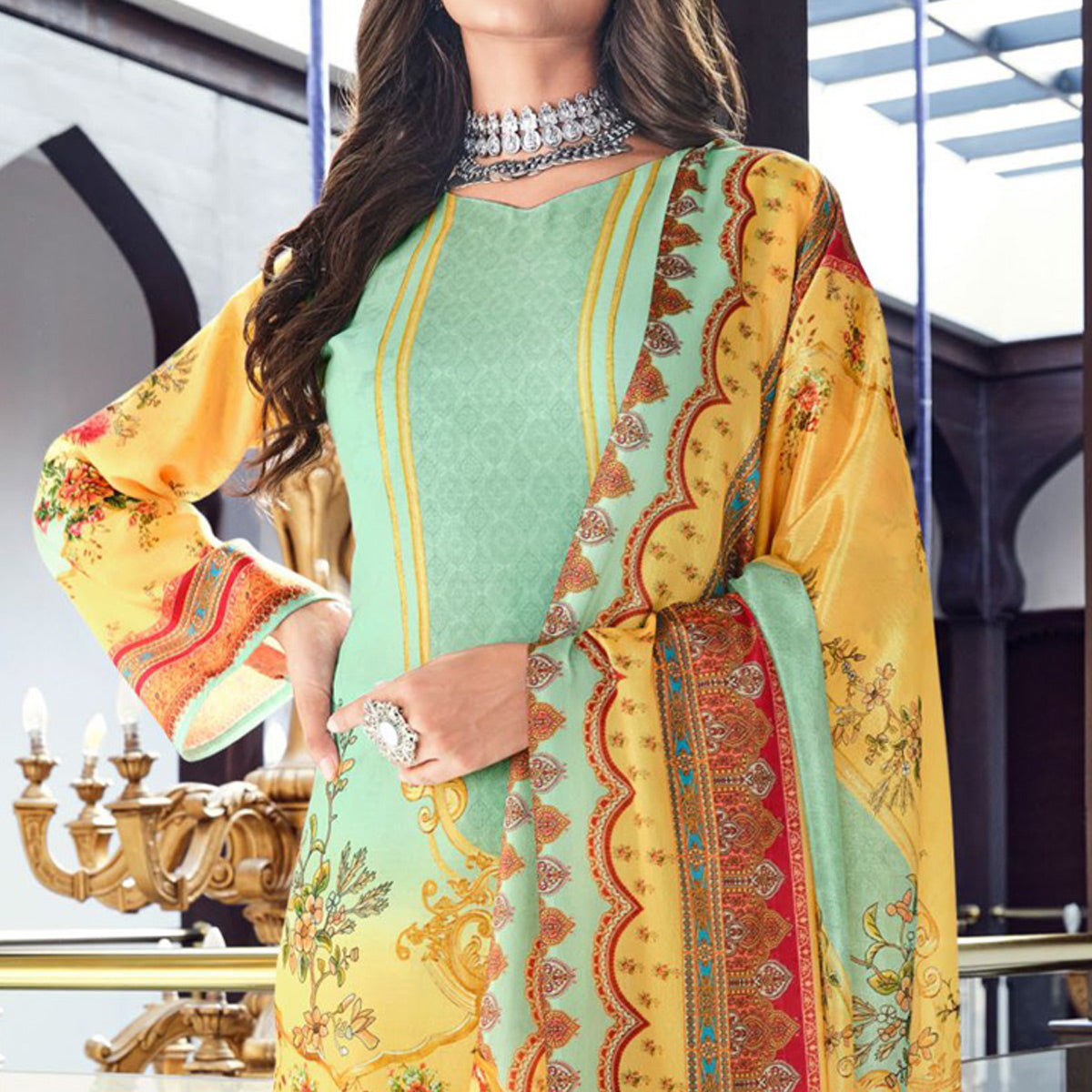 Sea Green And Yellow Digital Printed With Daman Embroidered Pure Cotton Pakistani Suit