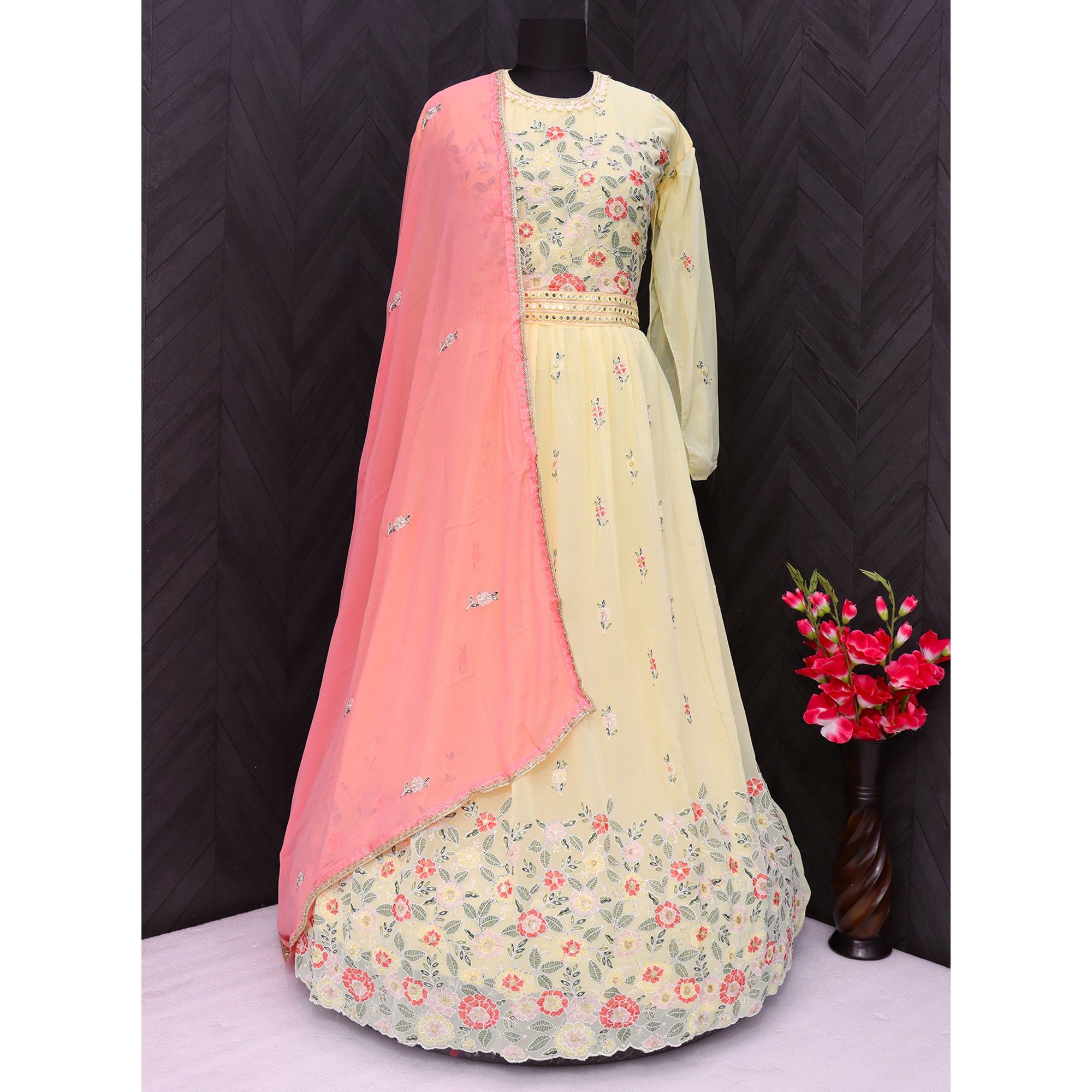 Light Yellow Sequins Floral Embroidered Georgette Semi Stitched Anarkali Suit