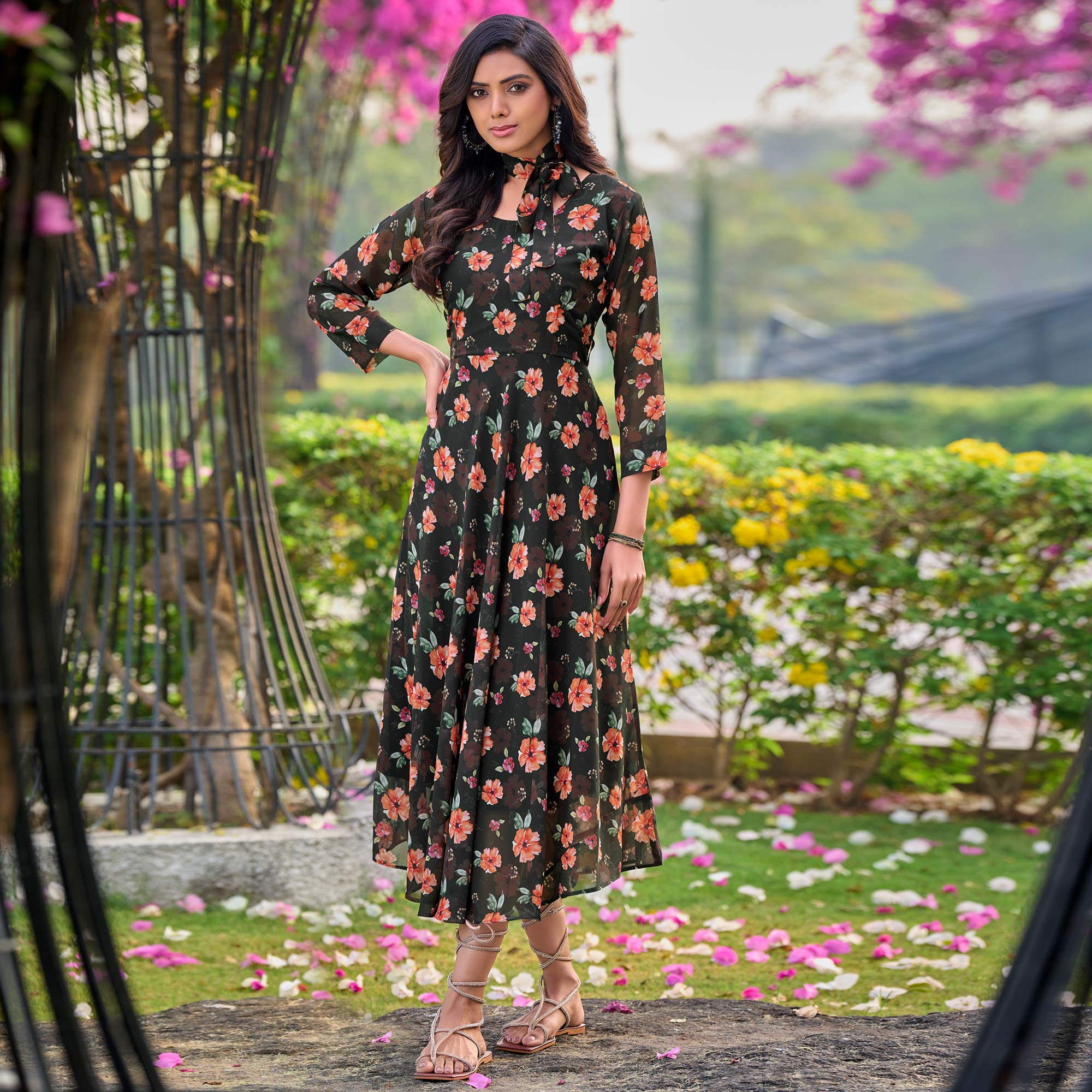 Black Color Floral Print on Summer Cool Georgette Dress Material Fabric