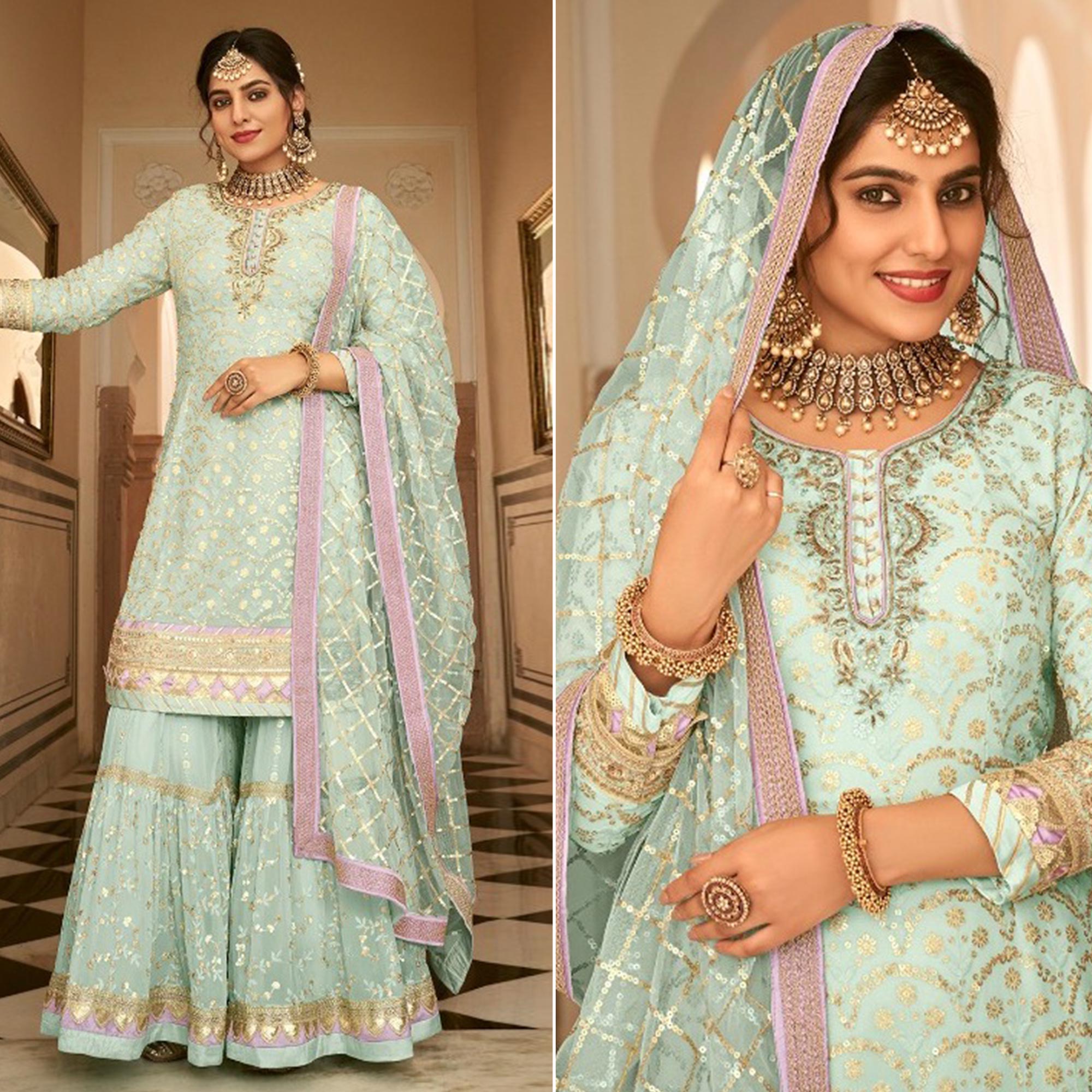 Green Woven Georgette Sharara Suit