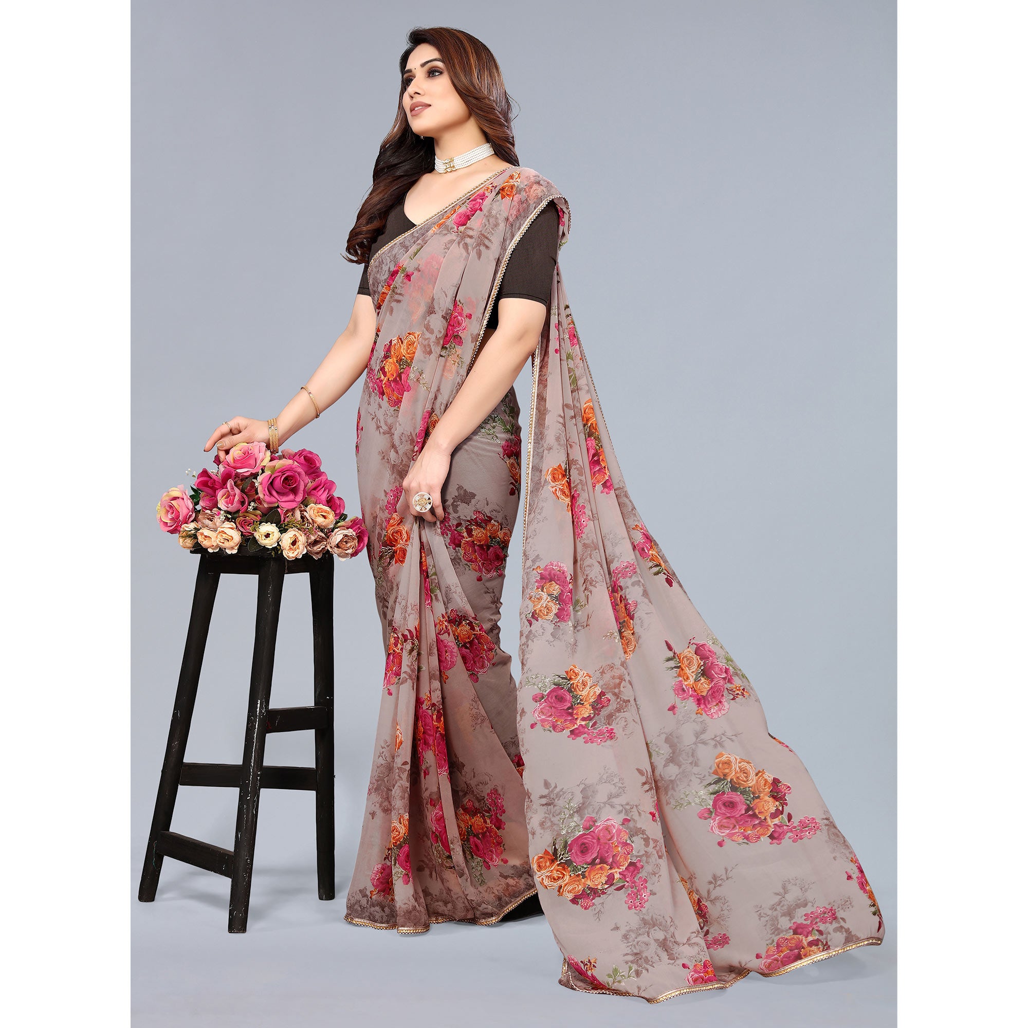 Beige Floral Printed Georgette Saree