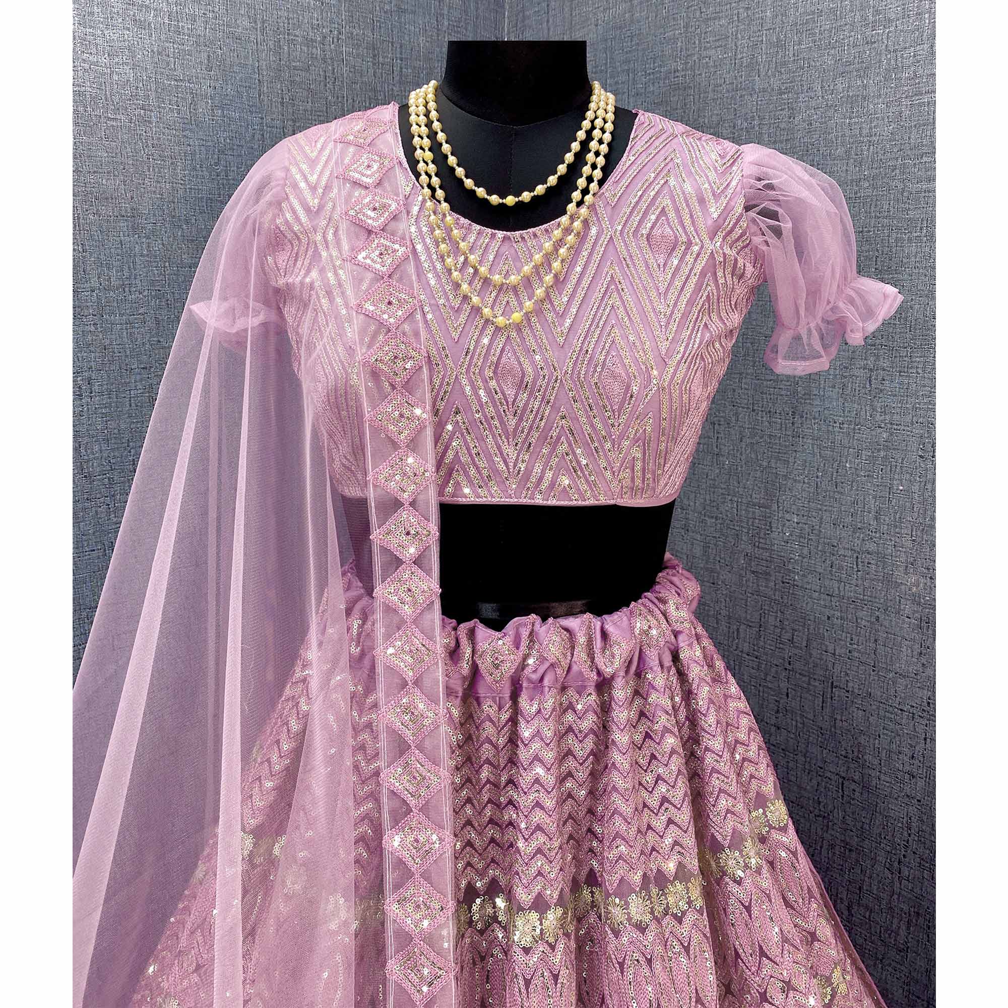 Mauve Sequins Embroidered Netted Lehenga Choli