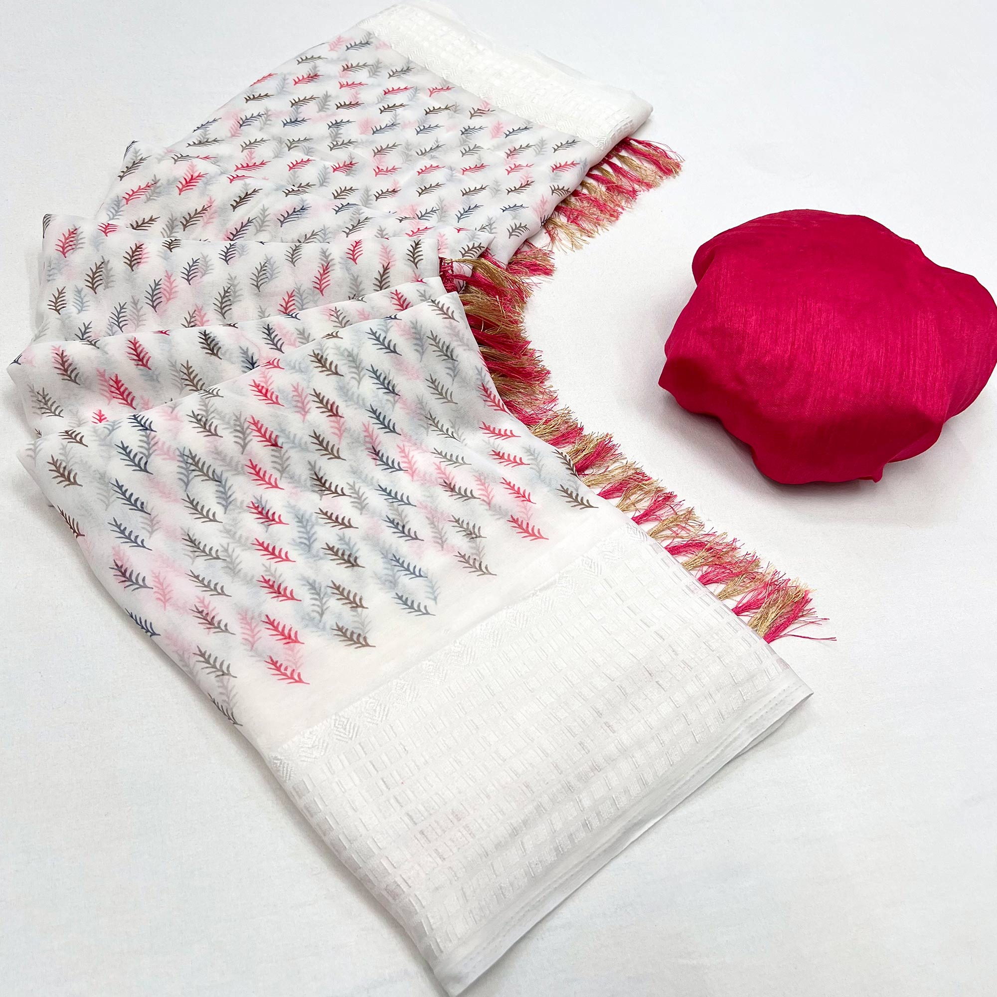 White Printed With Checks Border Georgette Saree