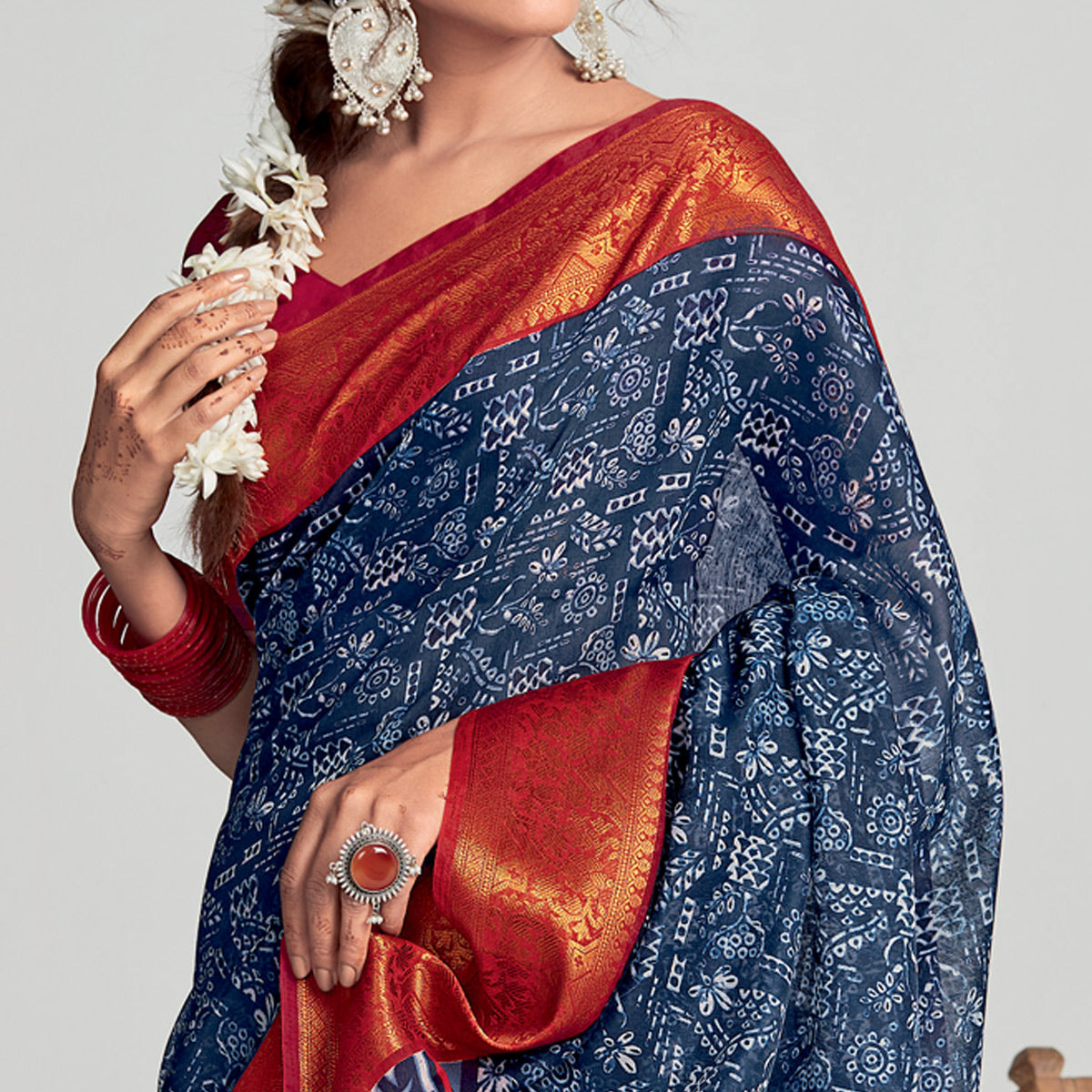 Blue Printed With Woven Border Cotton Blend Saree