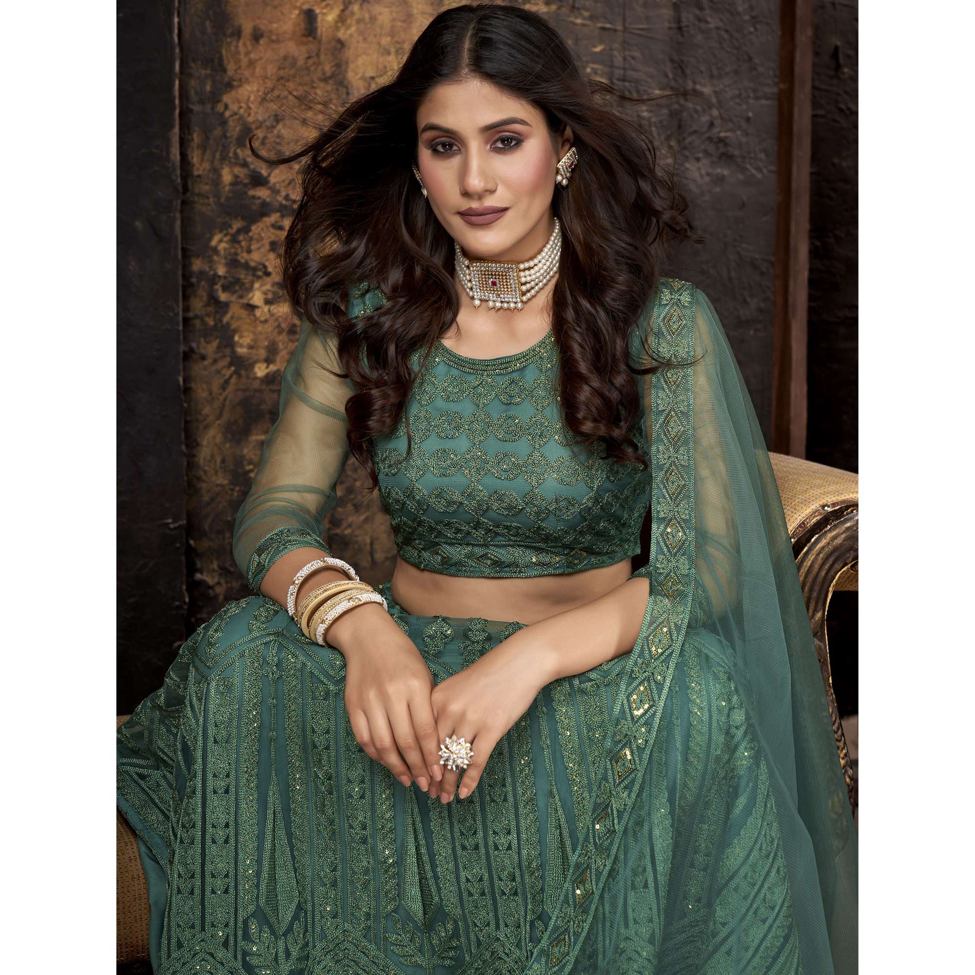 Green Sequins Embroidered Net Lehenga Choli