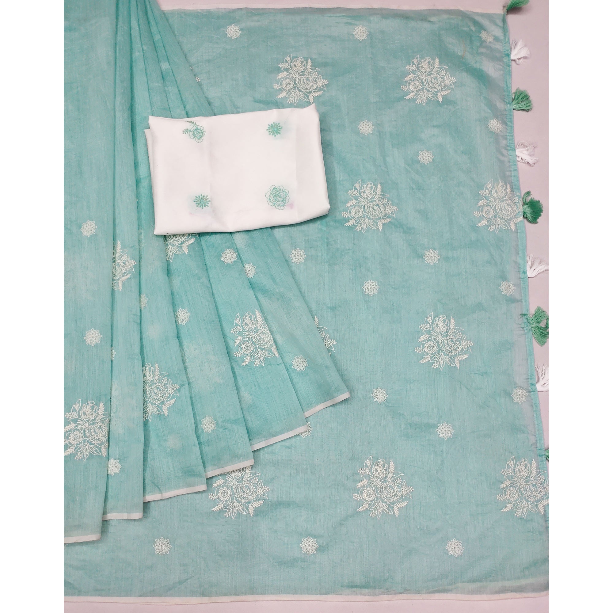 Blue Floral Embroidered Chanderi Saree With Tassels