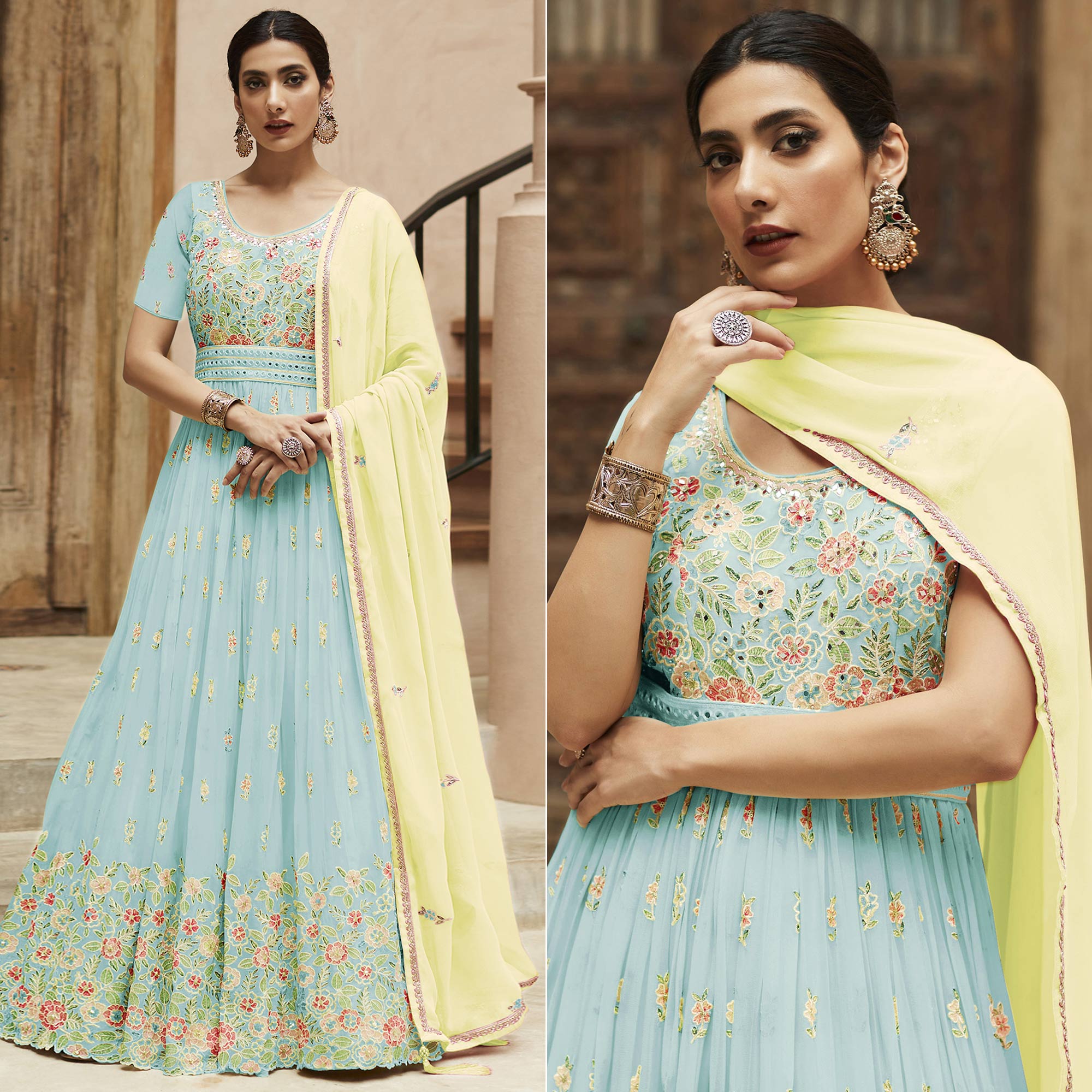 Light Sky Blue Sequins Floral Embroidered Georgette Semi Stitched Anarkali Suit
