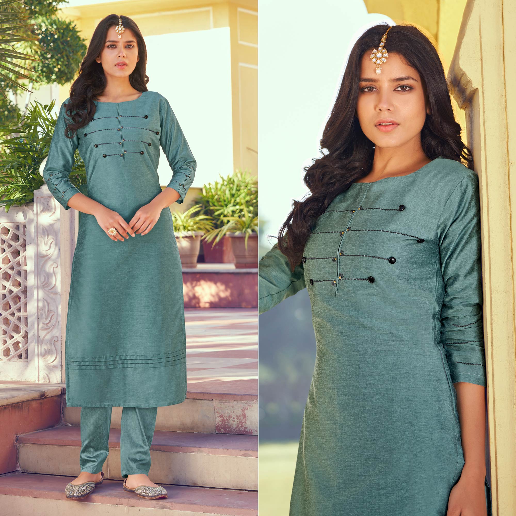 Green Embroidered Art Silk Kurti Pant Set