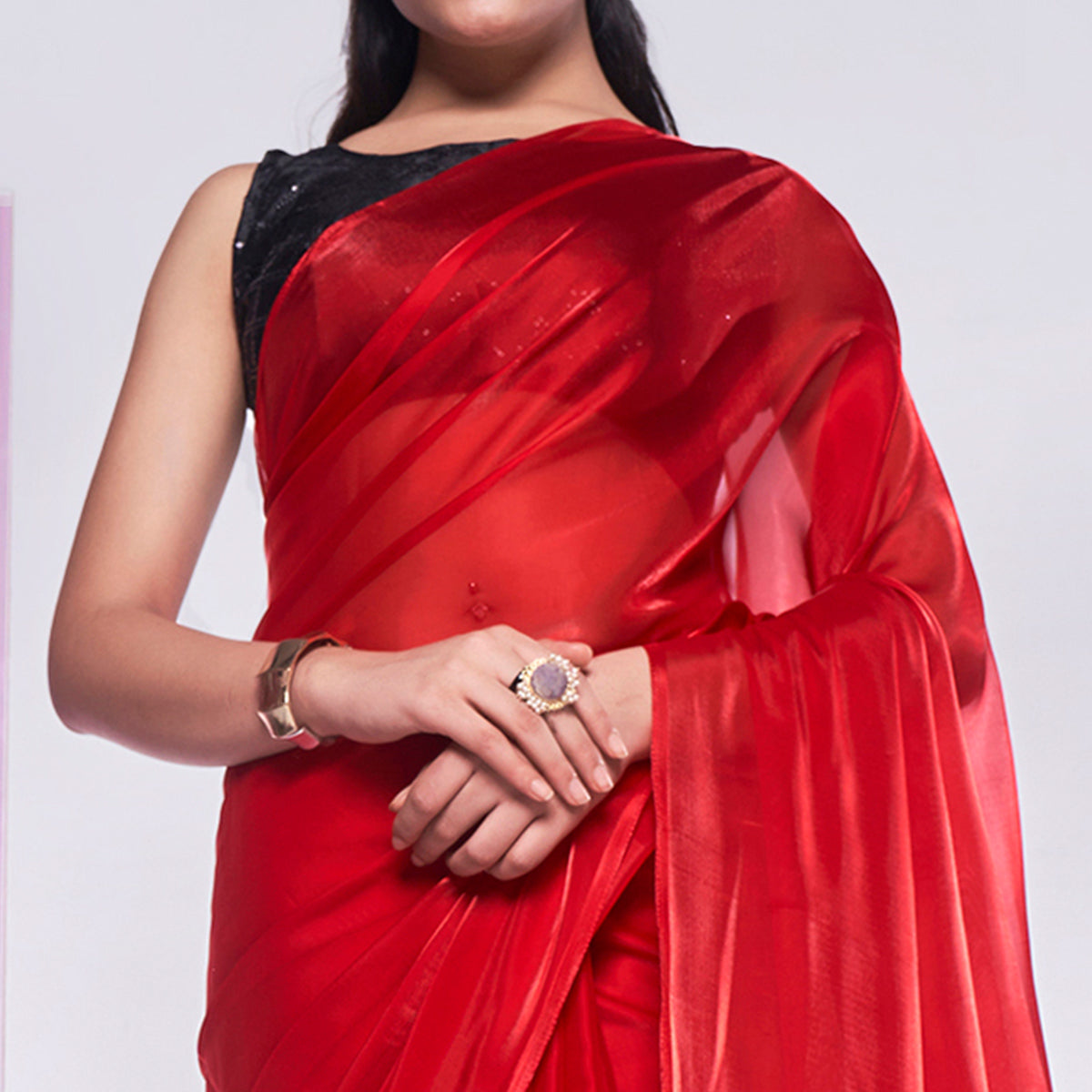 Red Solid Organza Saree With Tassels