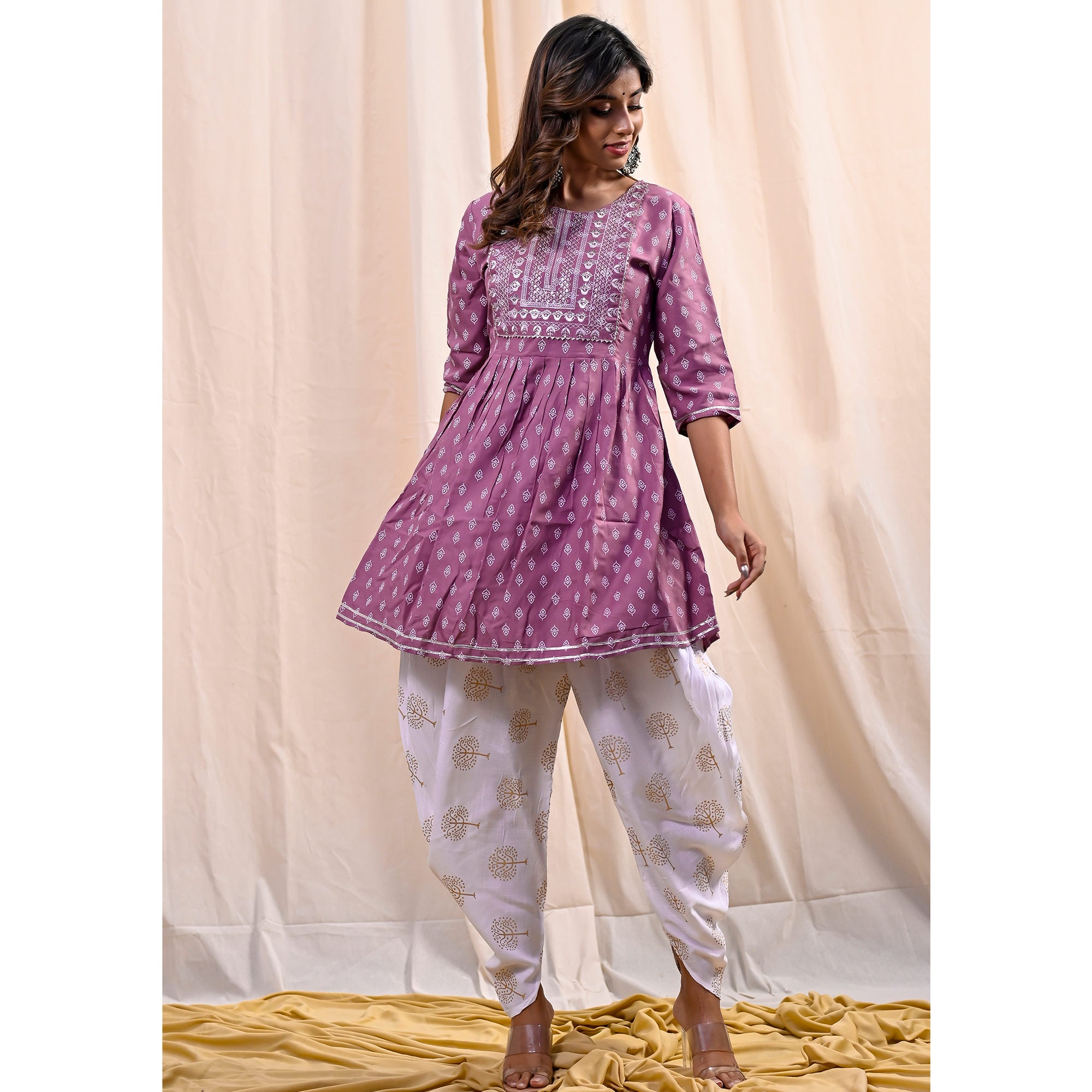 Plum Violet Printed With Embroidered Rayon Kurti With Dhoti Set
