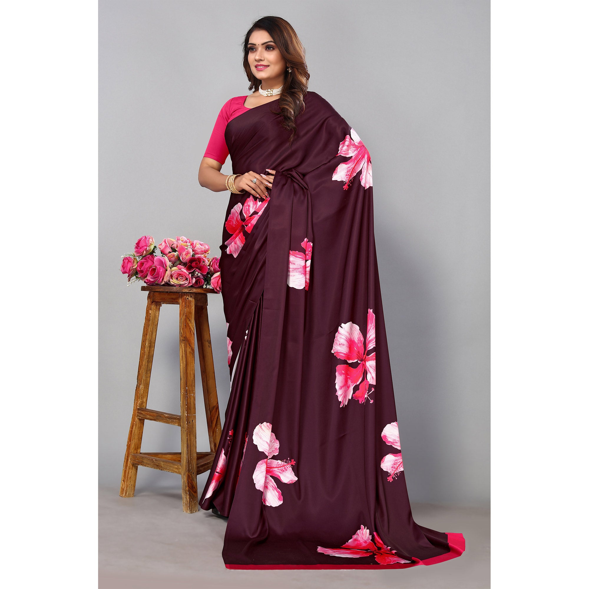 Wine Digital Printed Satin Saree