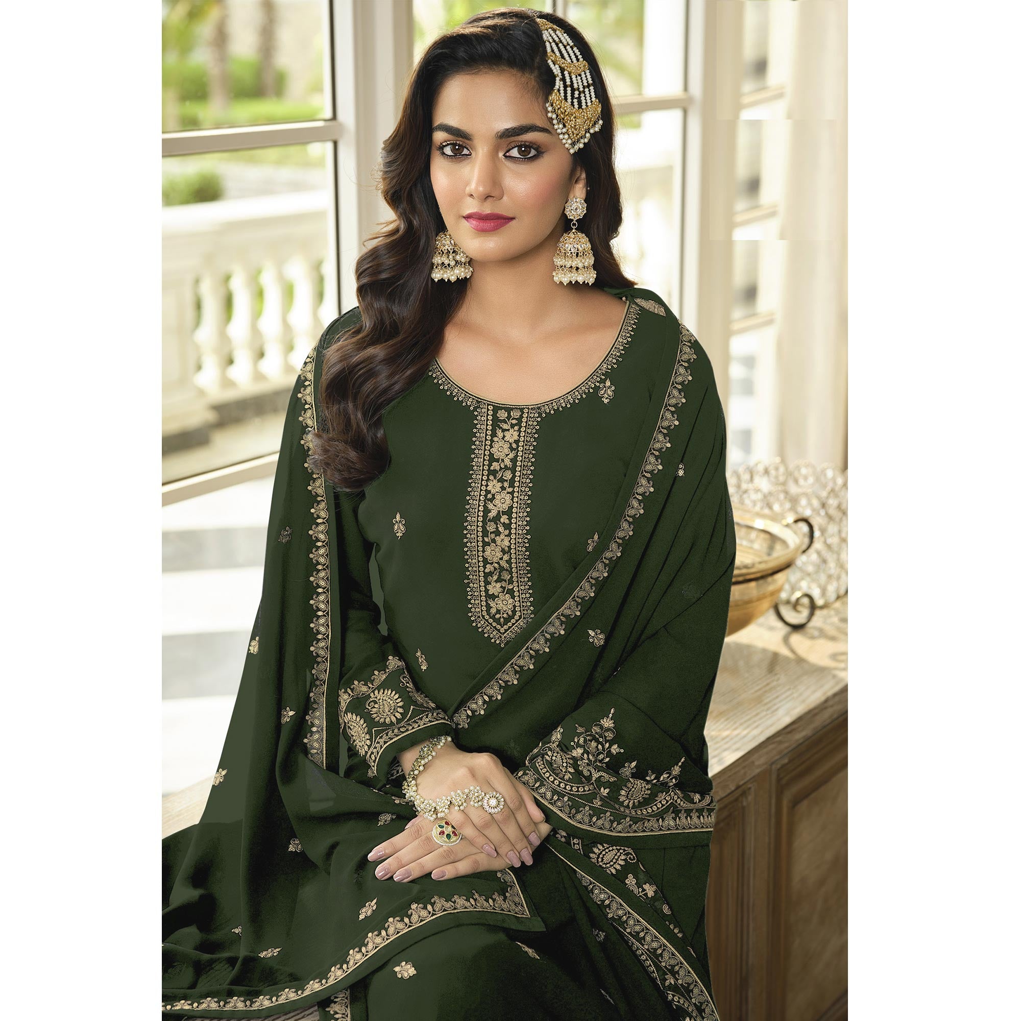 Green Floral Embroidered Georgette Sharara Suit